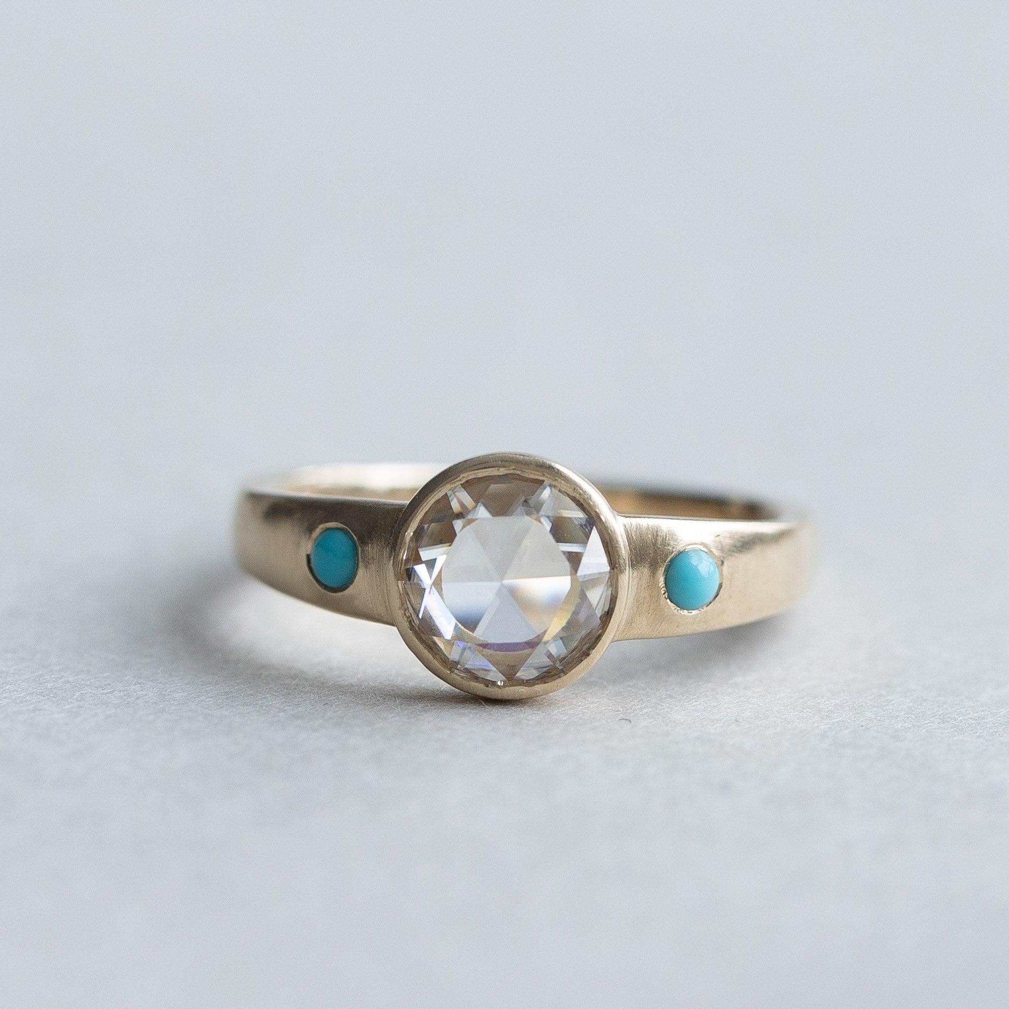 En vente :  Bague en or jaune 14 carats avec diamant taille rose, bague en turquoise, bague bohème 4