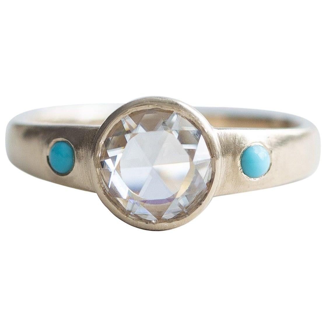 For Sale:  14 Karat Rose Cut Diamond Ring, Turquoise Ring, Yellow Gold Ring, Boho Ring