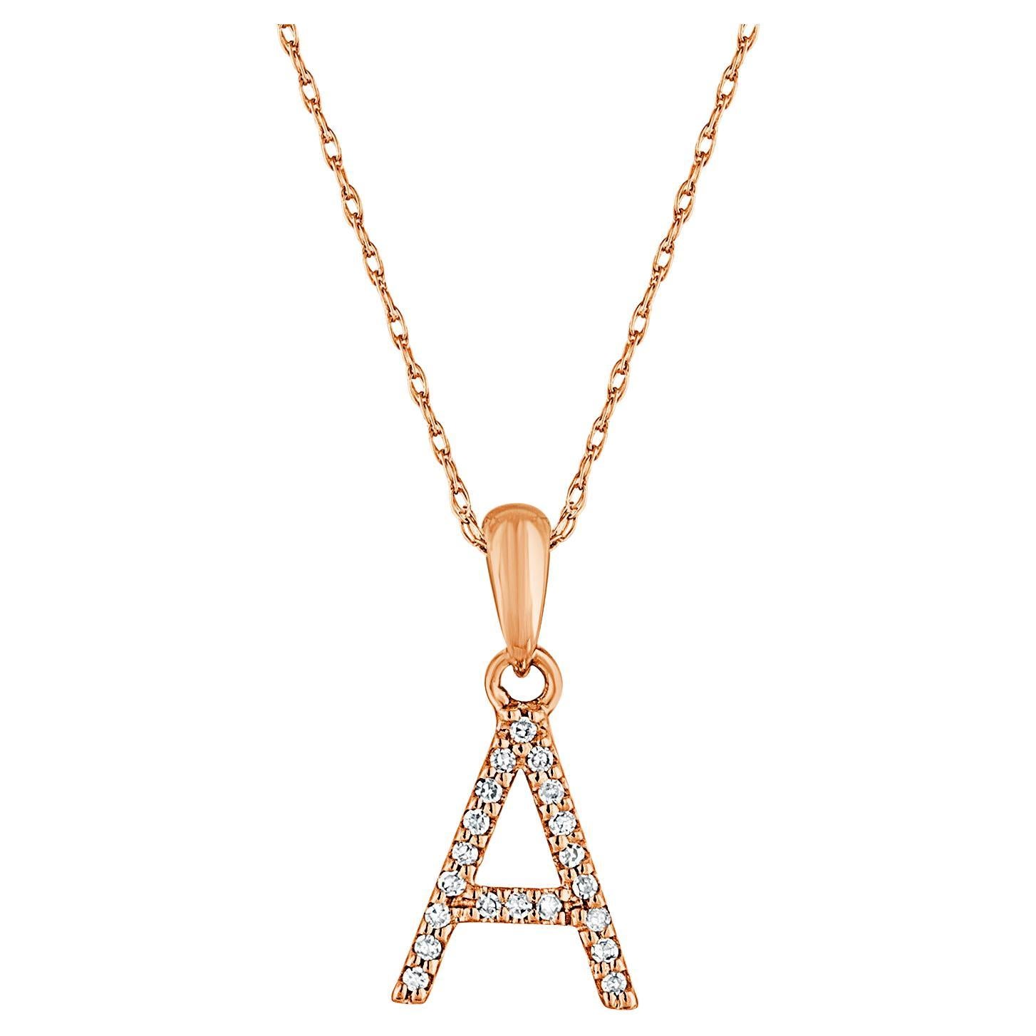 14 Karat Rose Gold 0.06 Carat Diamond Initial Pendant Necklace, Initial A For Sale