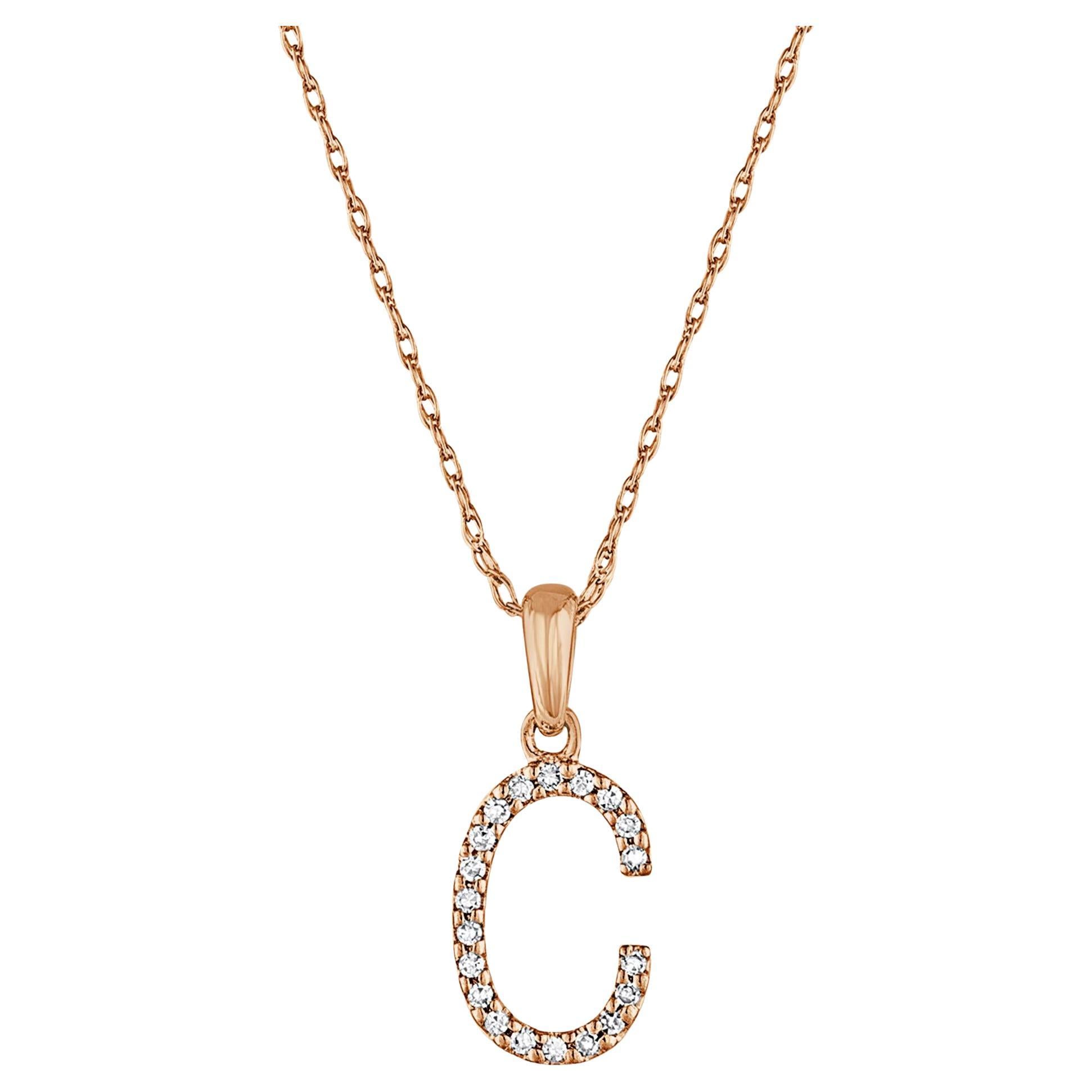 14 Karat Rose Gold 0.06 Carat Diamond Initial Pendant Necklace, Initial C For Sale