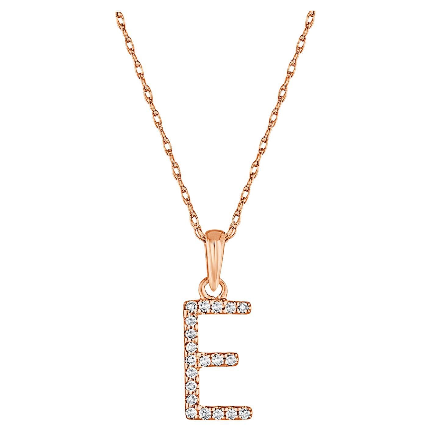 14 Karat Rose Gold 0.06 Carat Diamond Initial Pendant Necklace, Initial E For Sale