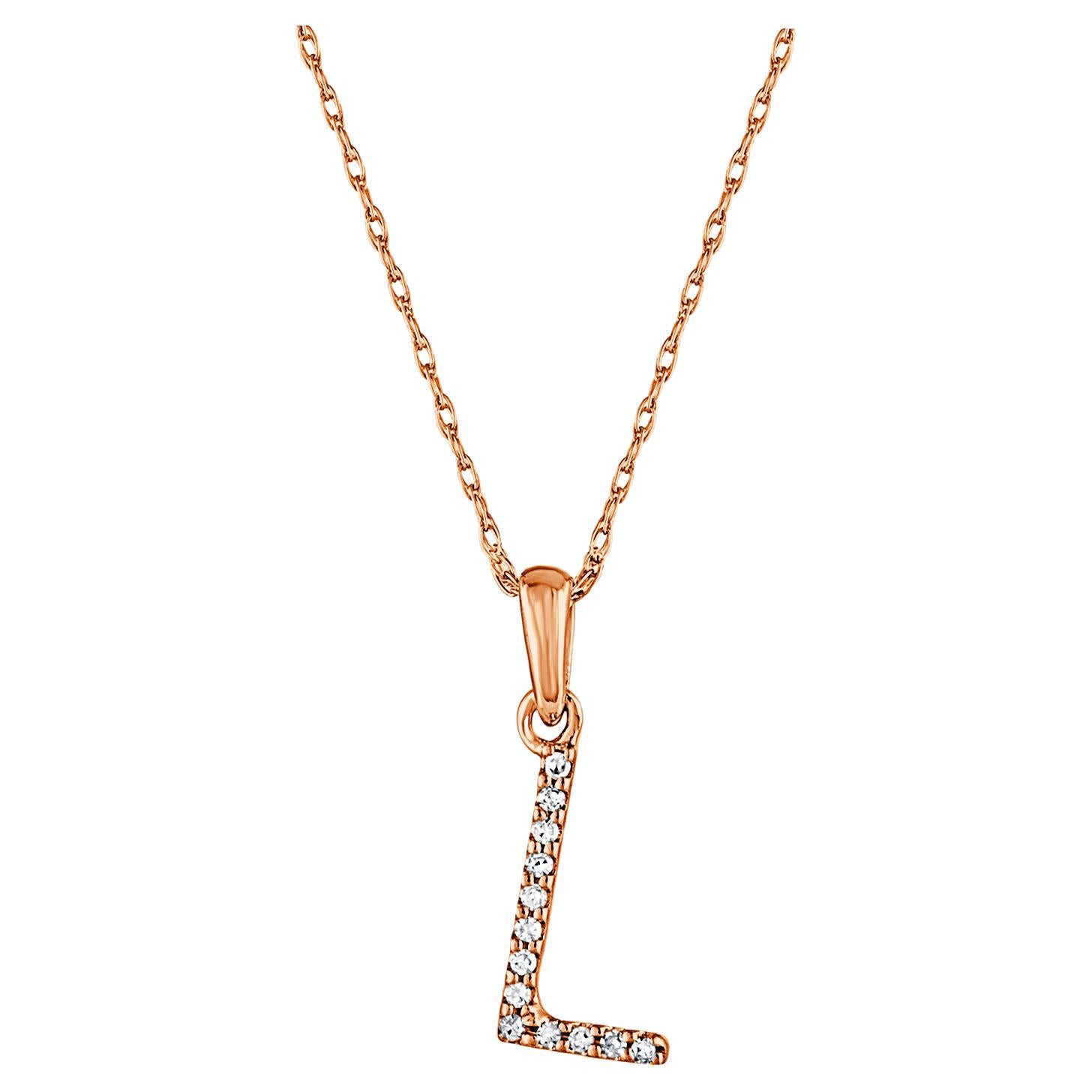 14 Karat Rose Gold 0.06 Carat Diamond Initial Pendant Necklace, Initial L For Sale