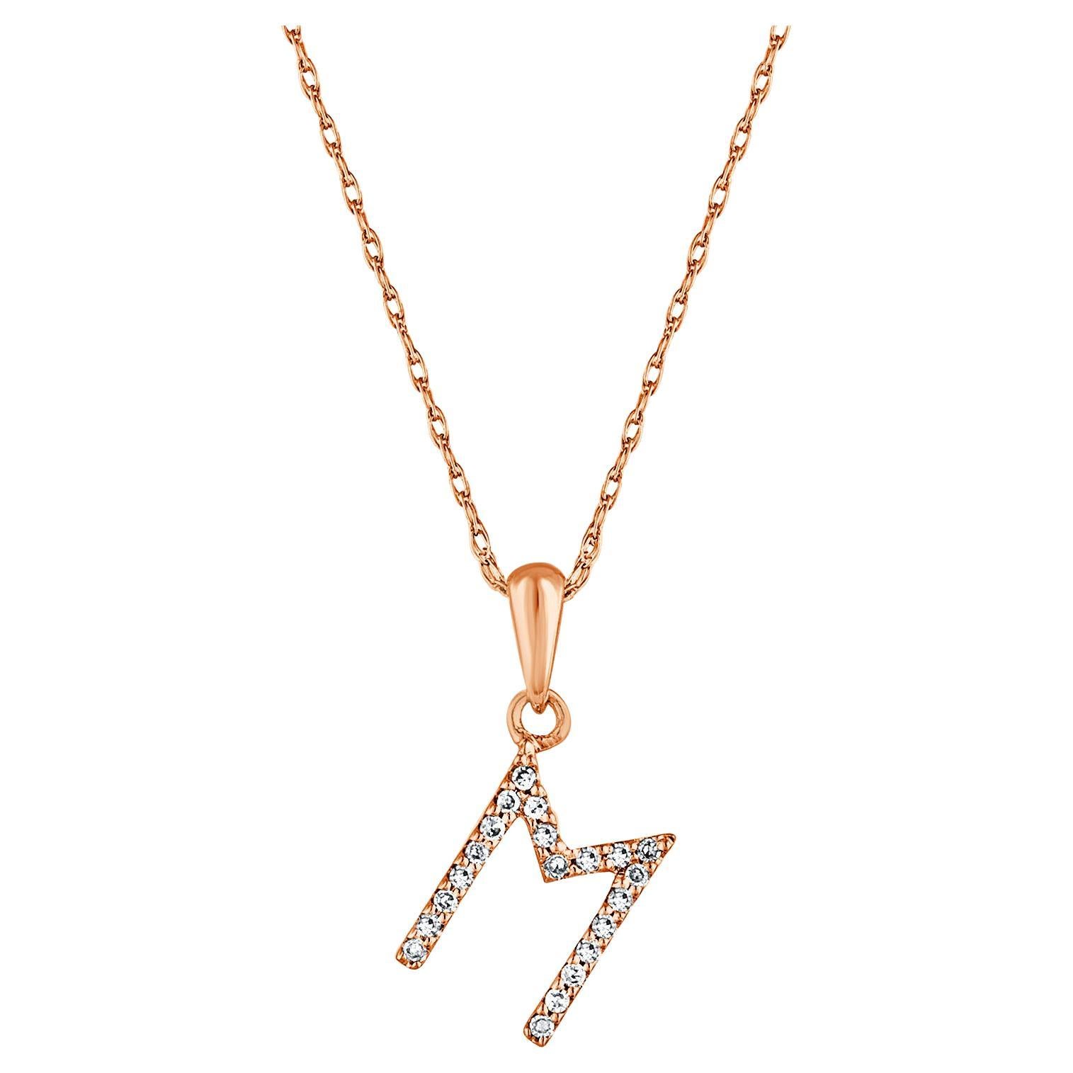 14 Karat Rose Gold 0.06 Carat Diamond Initial Pendant Necklace, Initial M For Sale