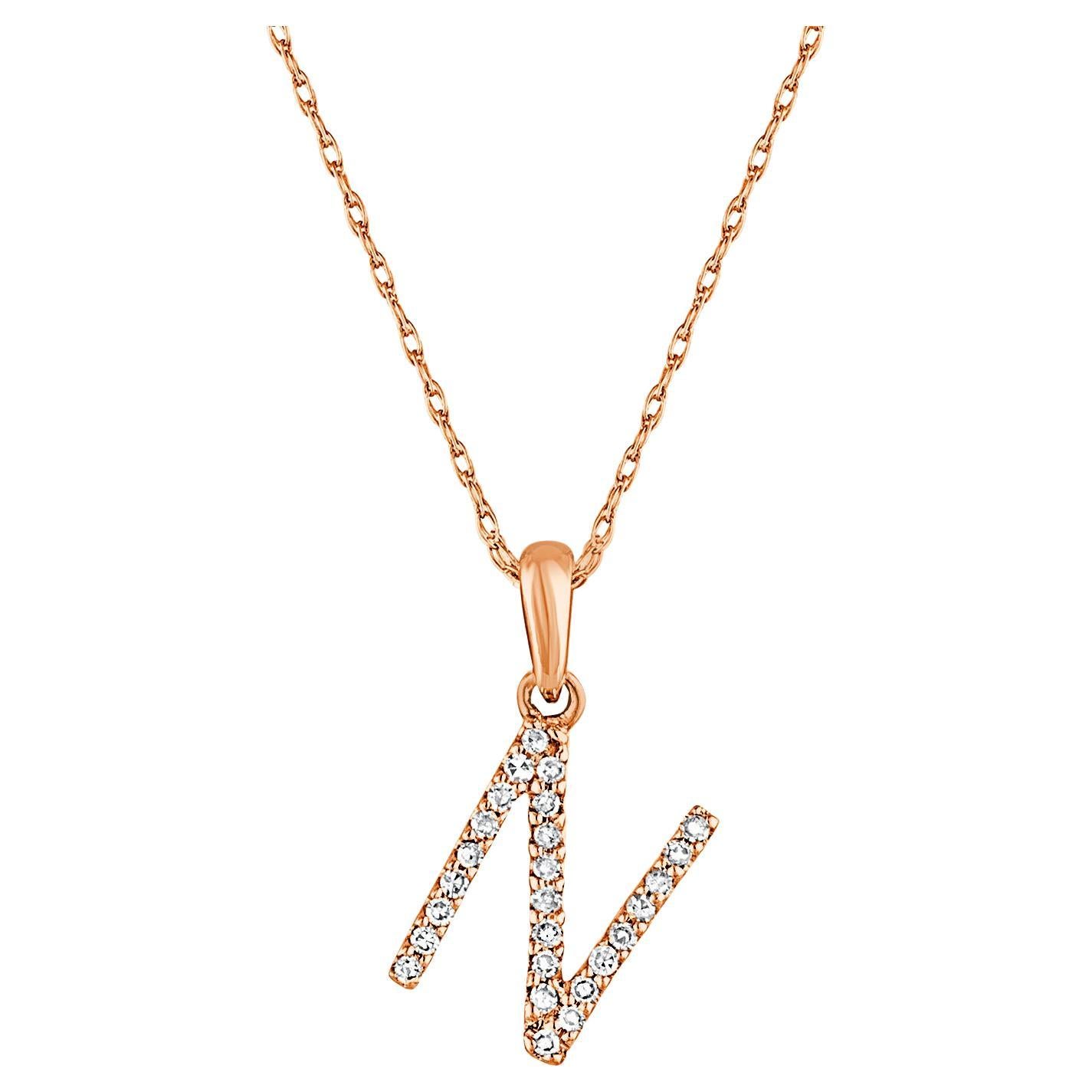 14 Karat Rose Gold 0.06 Carat Diamond Initial Pendant Necklace, Initial N For Sale