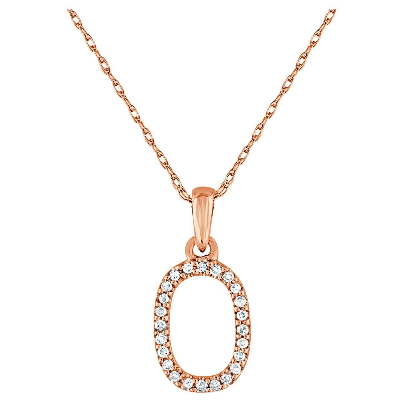 14 Karat Rose Gold 0.06 Carat Diamond Initial Pendant Necklace, Initial O For Sale