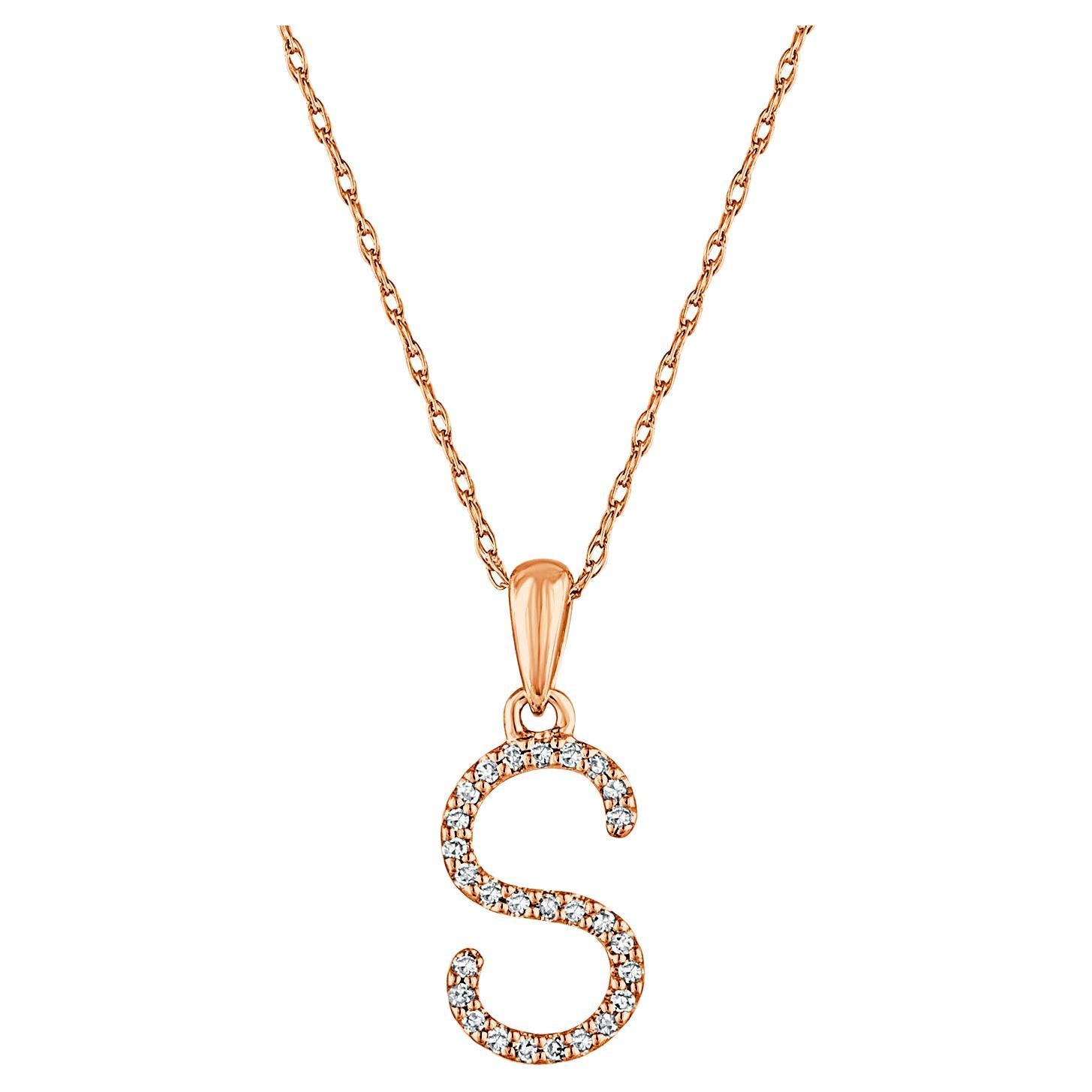 14 Karat Rose Gold 0.06 Carat Diamond Initial Pendant Necklace, Initial S For Sale