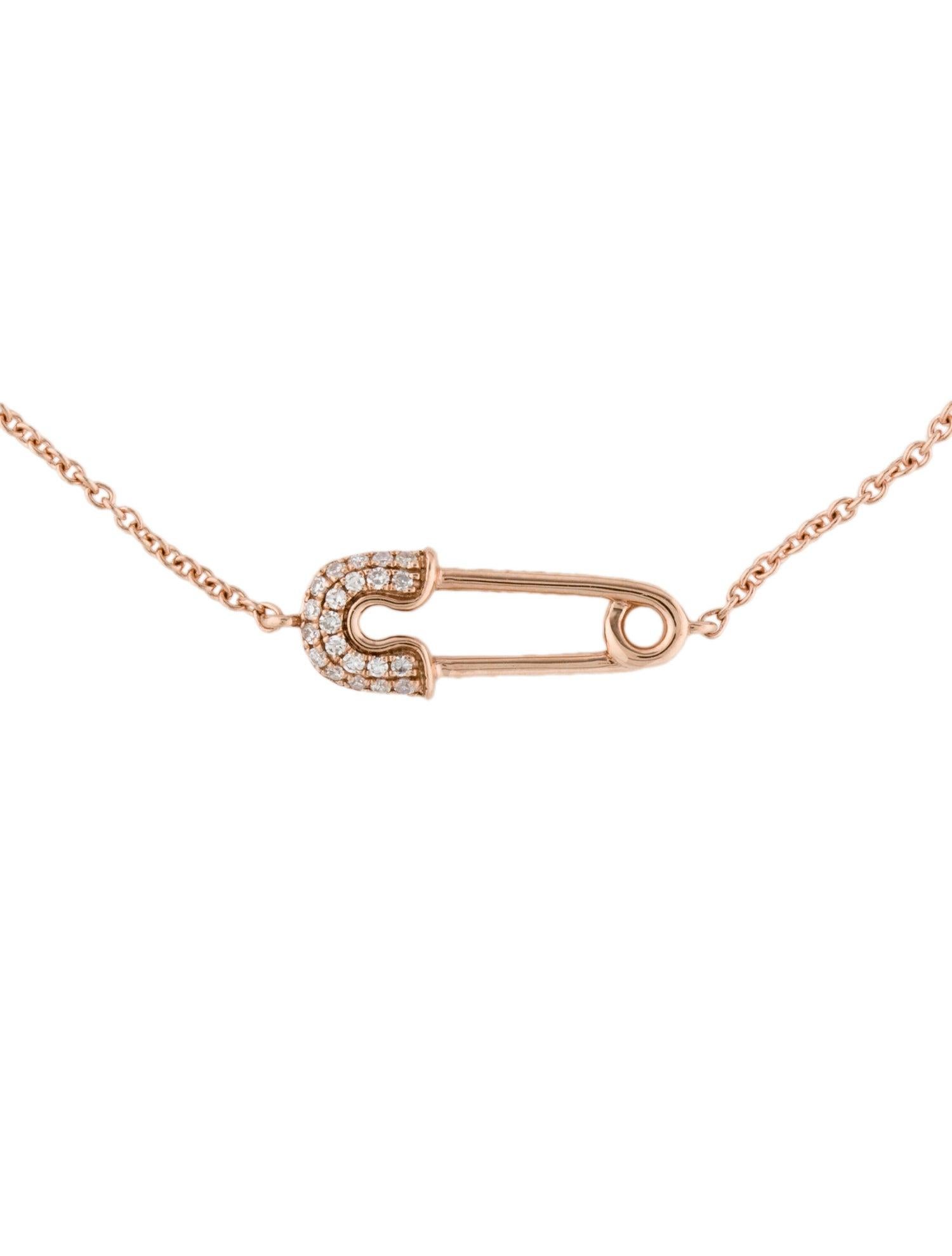 This Dainty Safety pin Bracelet is crafted of 14K rose Gold and features 0.07 carats of natural round white Diamonds. Bracelet length is adjustable 6.75