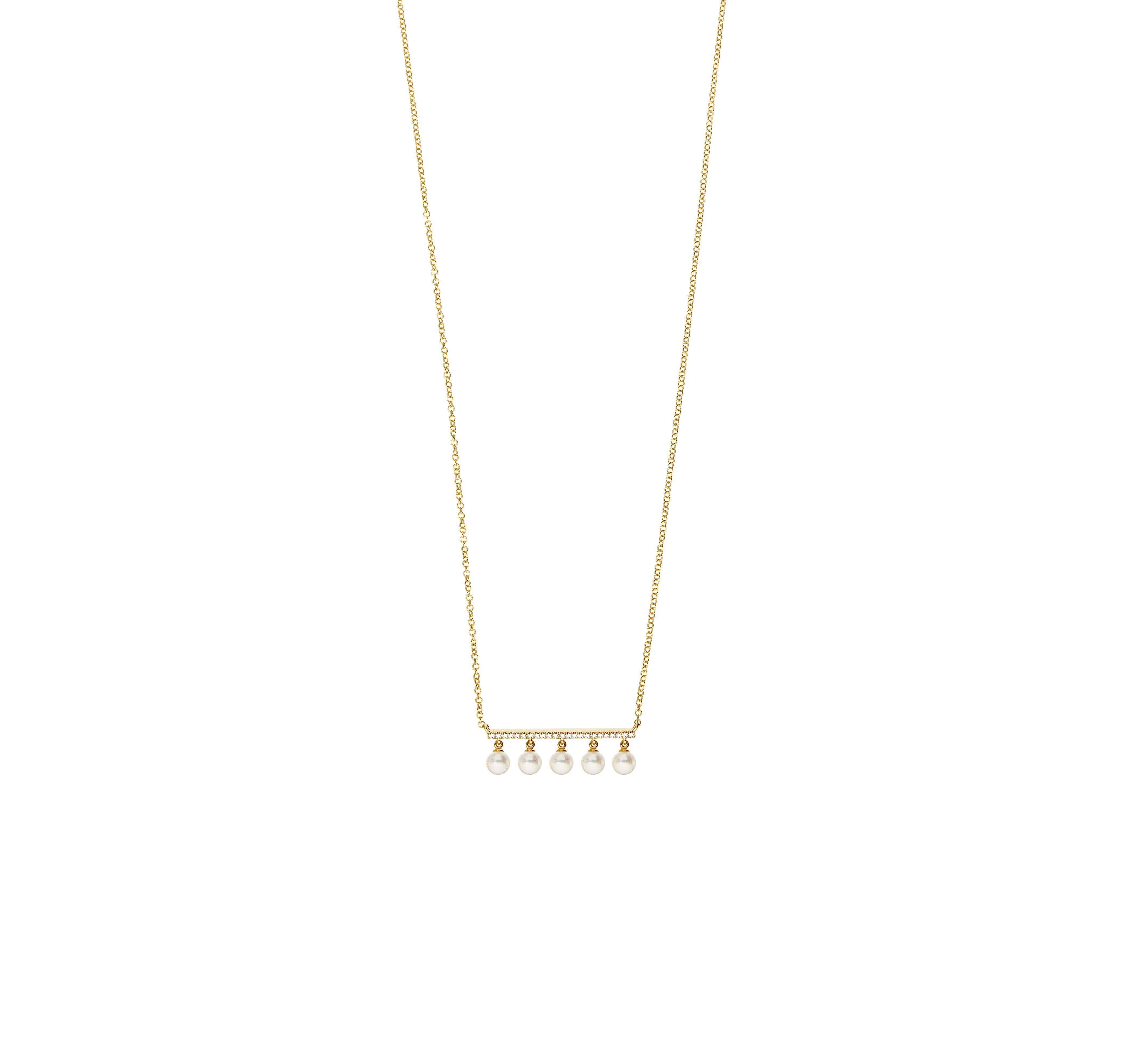 Contemporary 14 Karat Rose Gold 0.07 Carat Round Diamond and Pearl Bar Chain Pendant For Sale