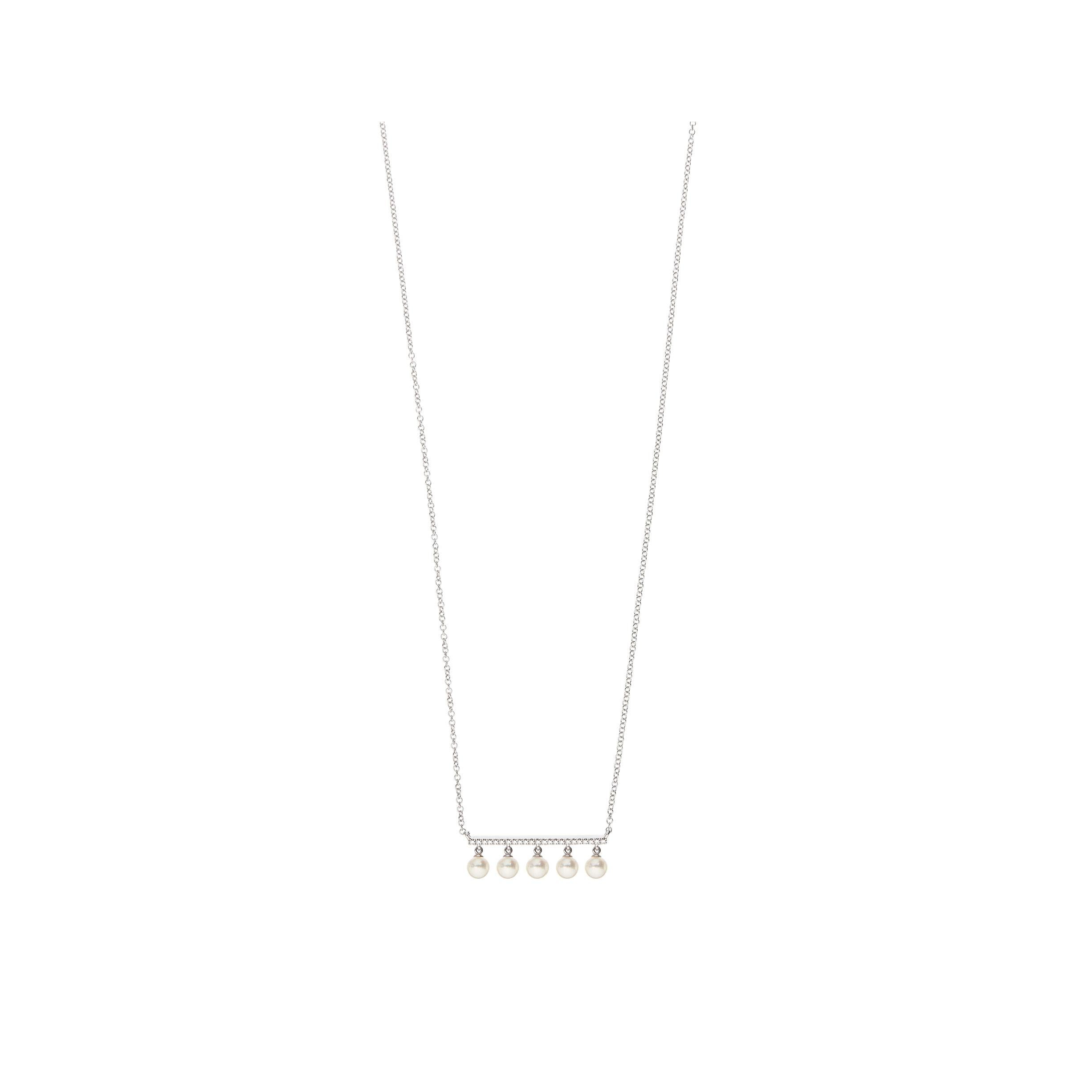 Women's or Men's 14 Karat Rose Gold 0.07 Carat Round Diamond and Pearl Bar Chain Pendant For Sale