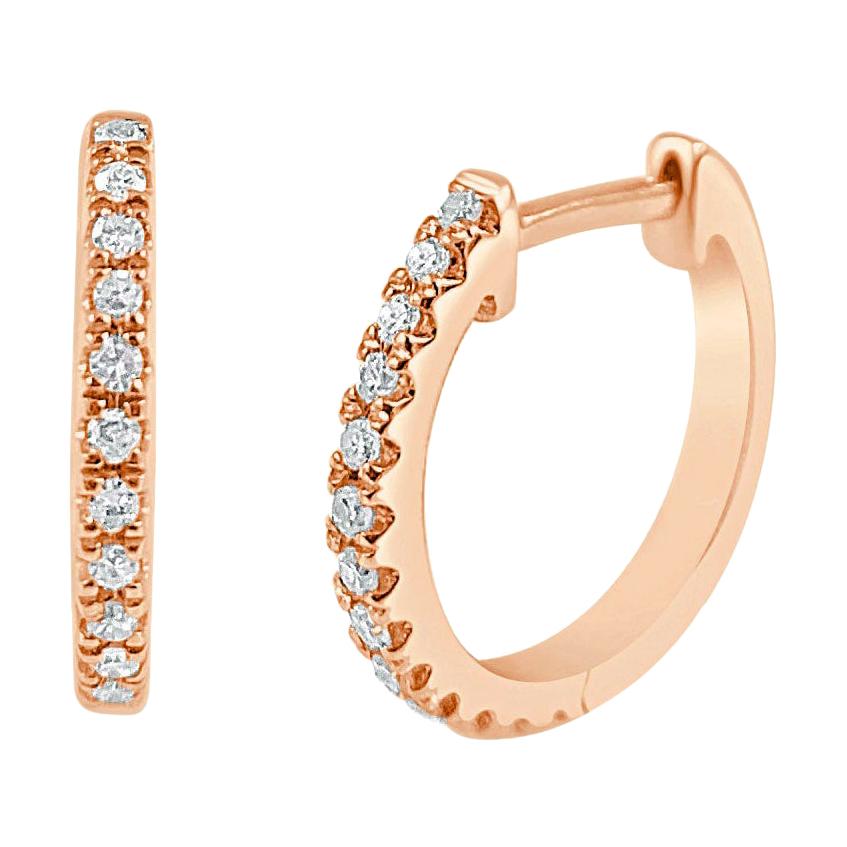 14 Karat Rose Gold 0.09 Carat Diamond Huggie Hoop Earrings For Sale
