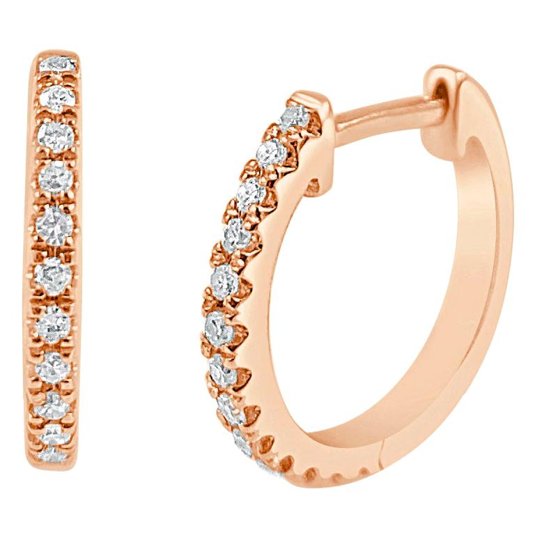 14 Karat Rose Gold 0.09 Carat Diamond Huggie Hoop Earrings For Sale