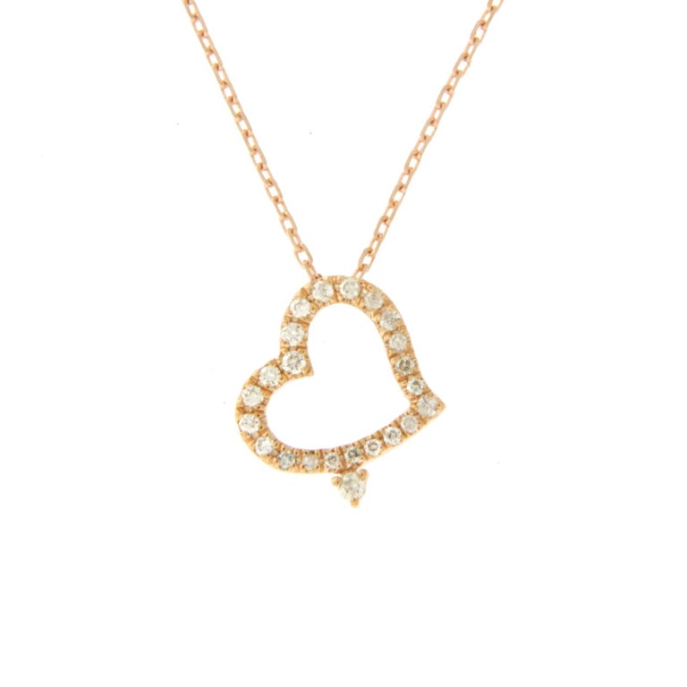 14 Karat Rose Gold 0.09 Carat Diamonds Heart Necklace For Sale at 1stdibs