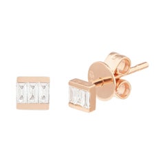 14 Karat Rose Gold 0.095 Carat 3 Baguette Diamond Earrings