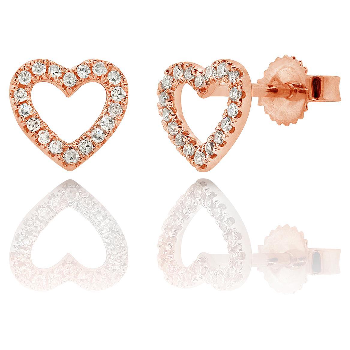 14 Karat Rose Gold 0.10 Carat Diamond Open Heart Stud Earrings For Sale