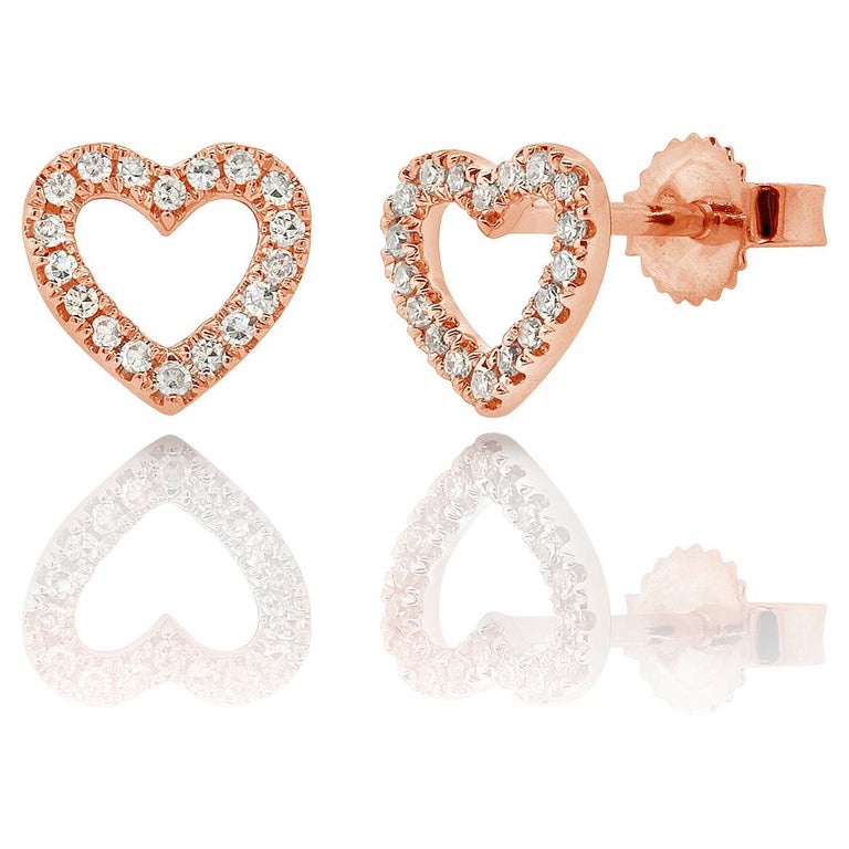 14 Karat Rose Gold 0.10 Carat Diamond Open Heart Stud Earrings For Sale