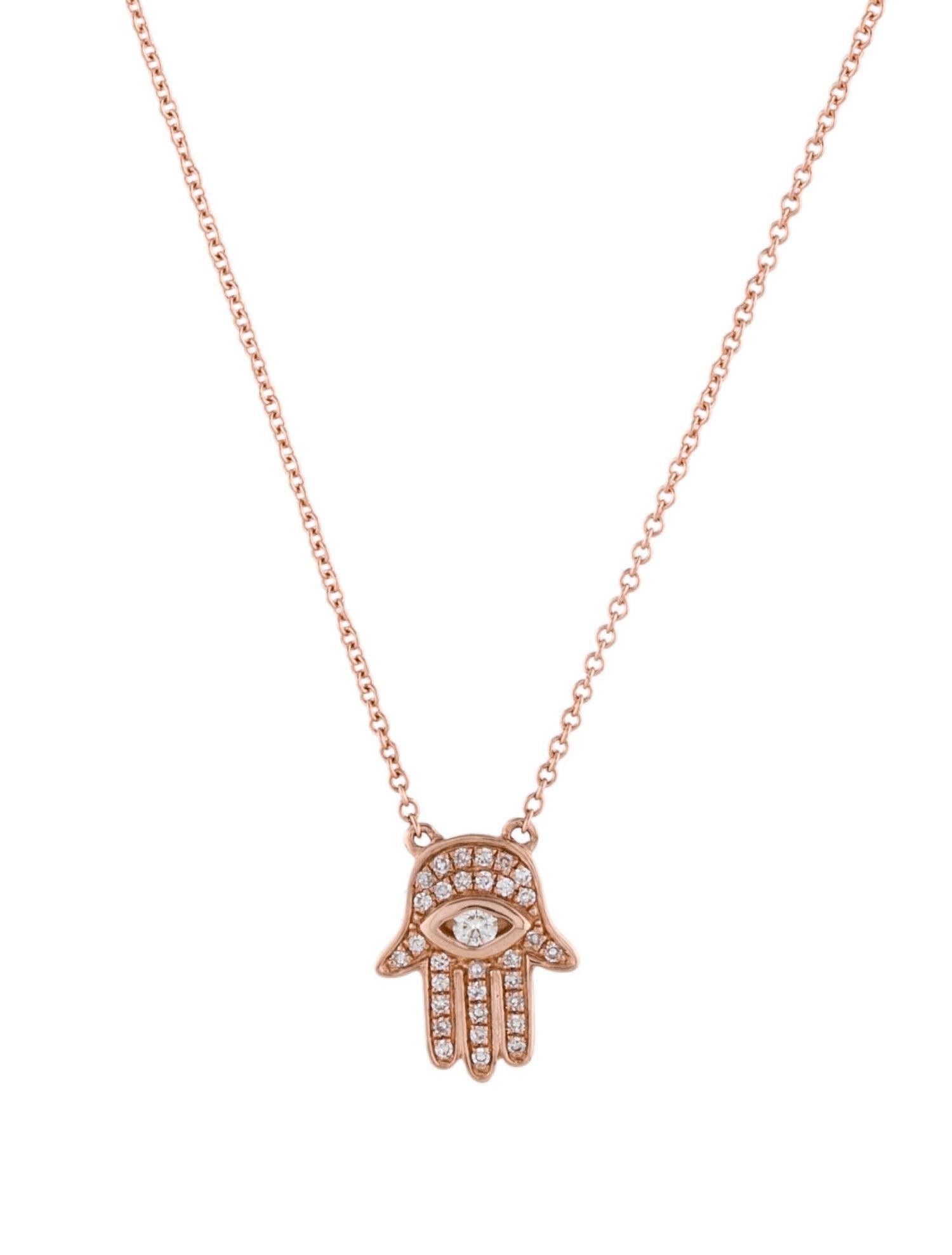 14 Karat Rose Gold 0.11 Carat Diamond Hamsa, Hand of God Necklace In New Condition For Sale In Great neck, NY