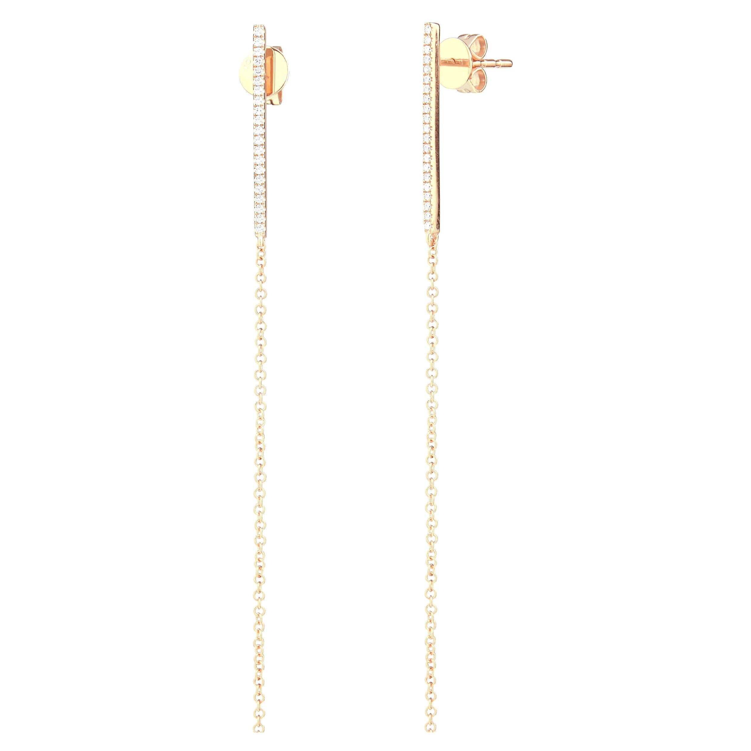 Single Cut 14 Karat Rose Gold 0.11 Carat Round Diamond Long Chain Earrings For Sale