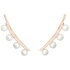 14 Karat Rose Gold 0.115 Carat Pearl and Round Diamond Climbing Earrings
