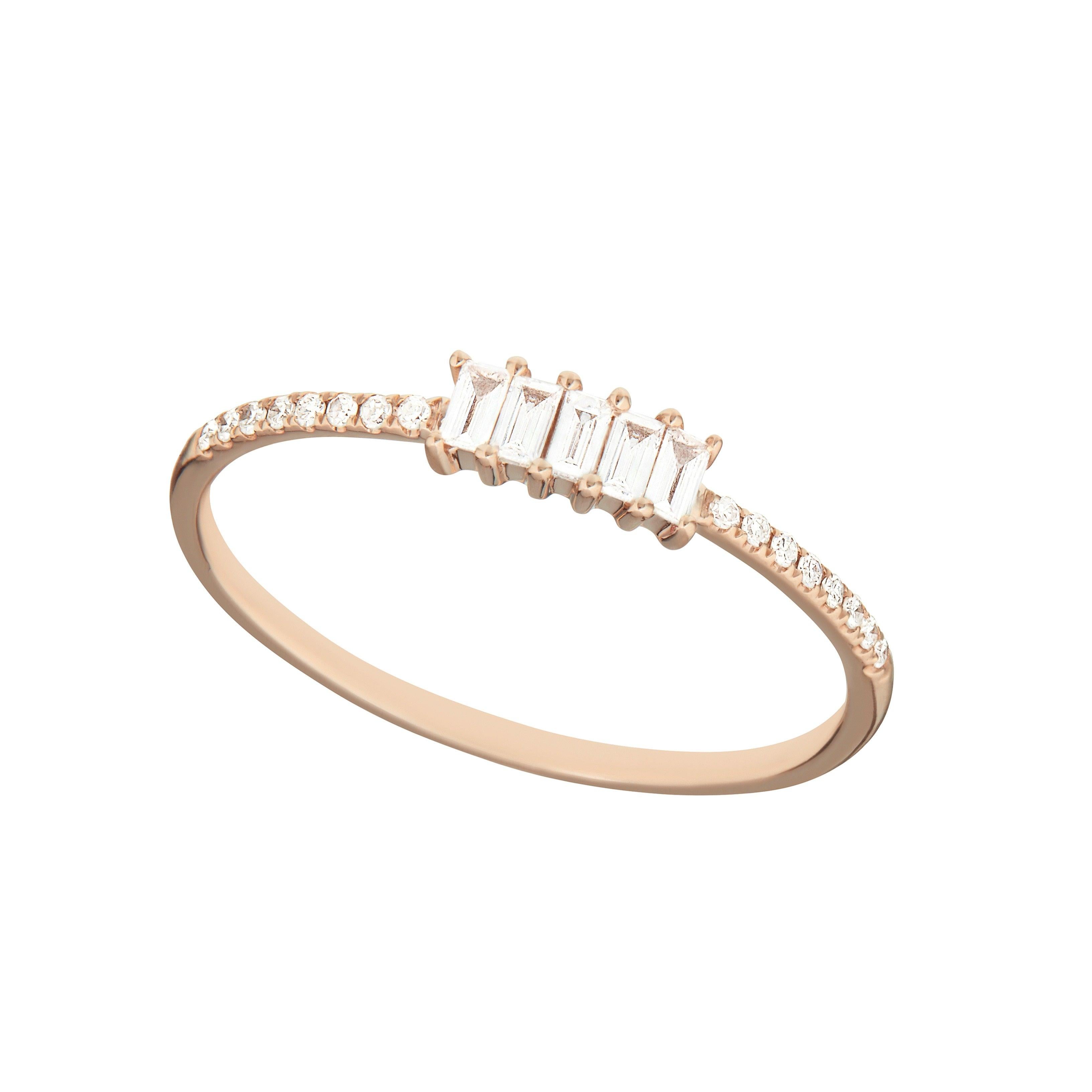 For Sale:  14 Karat Rose Gold 0.145 Carat Round and Baguette Diamond Band Ring 3