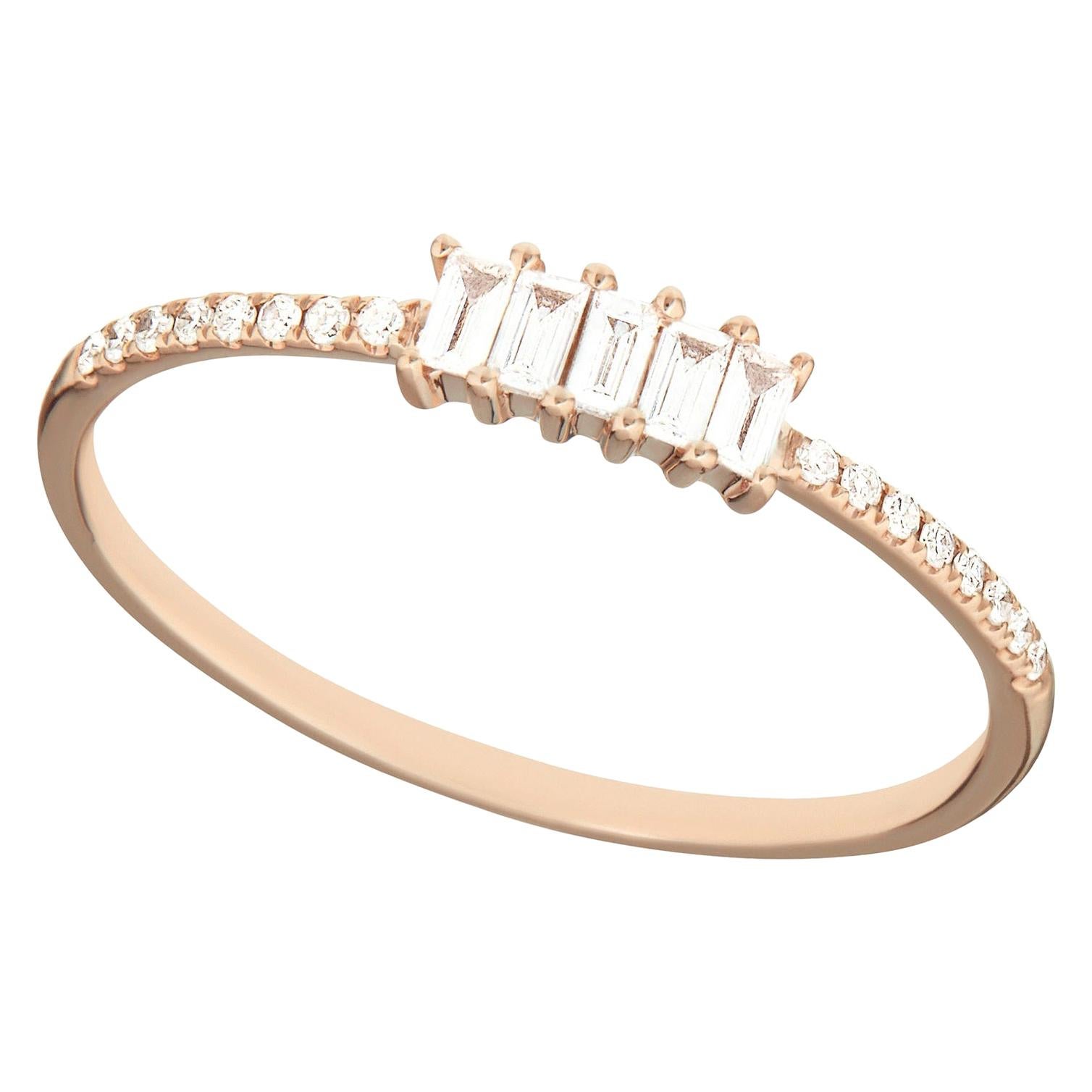 For Sale:  14 Karat Rose Gold 0.145 Carat Round and Baguette Diamond Band Ring