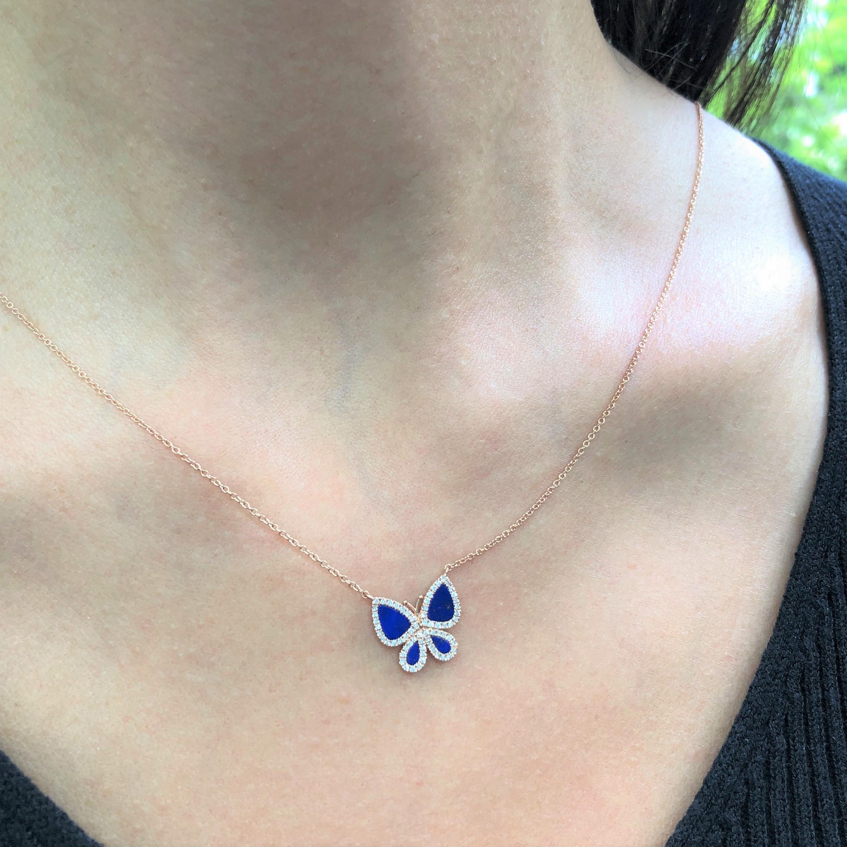 Contemporain Collier papillon en or rose 14 carats, diamant 0,15 carat et lapis en vente