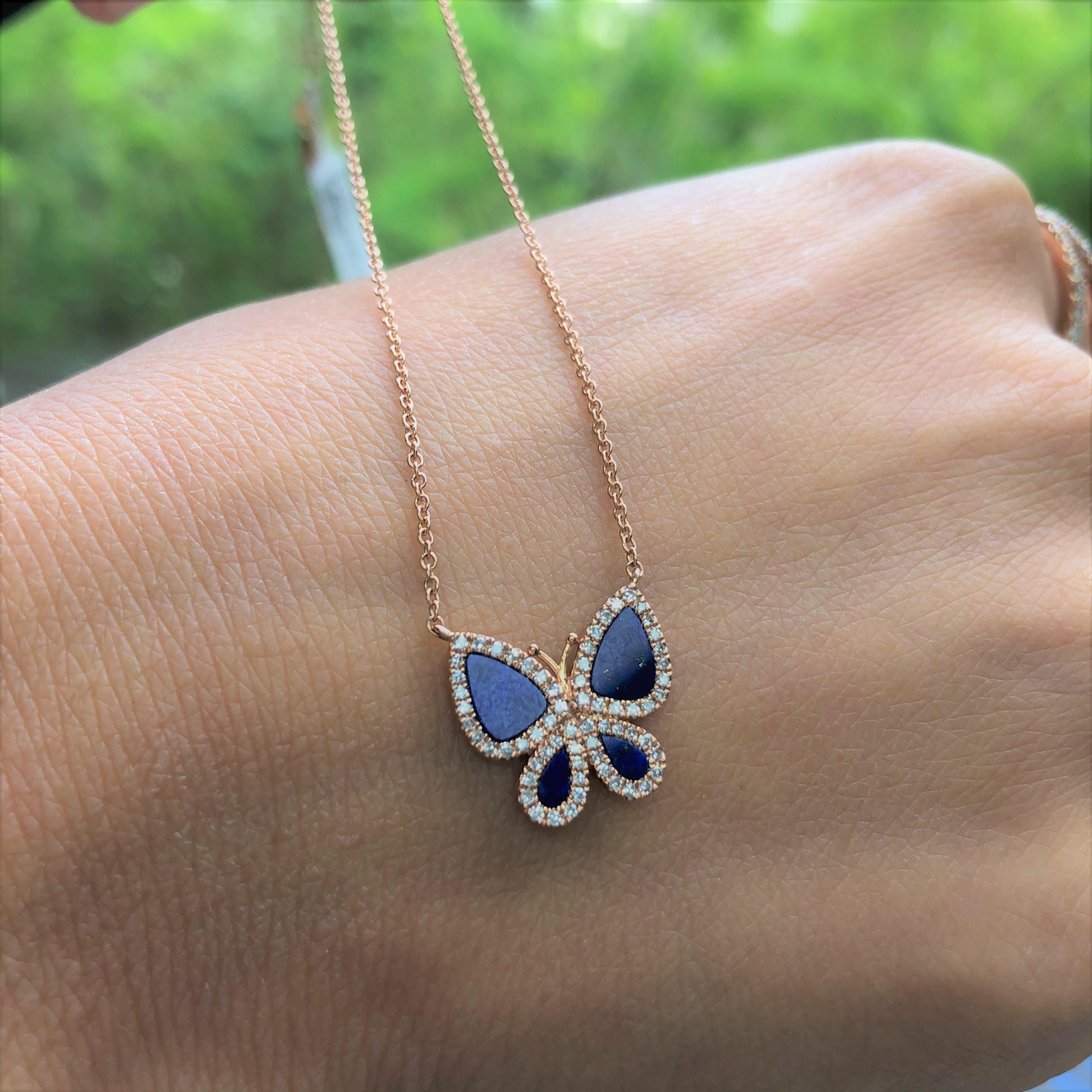 Round Cut 14 Karat Rose Gold 0.15 Carat Diamond and Lapis Butterfly Necklace For Sale