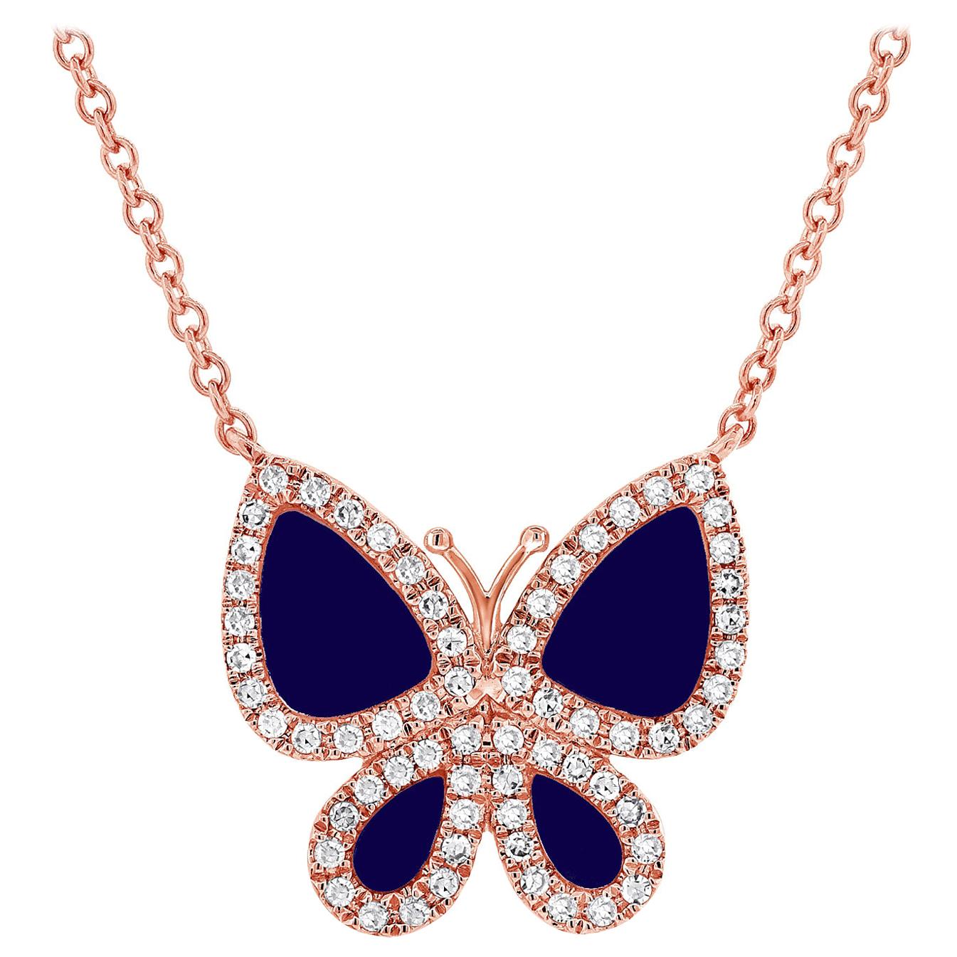 Collier papillon en or rose 14 carats, diamant 0,15 carat et lapis en vente