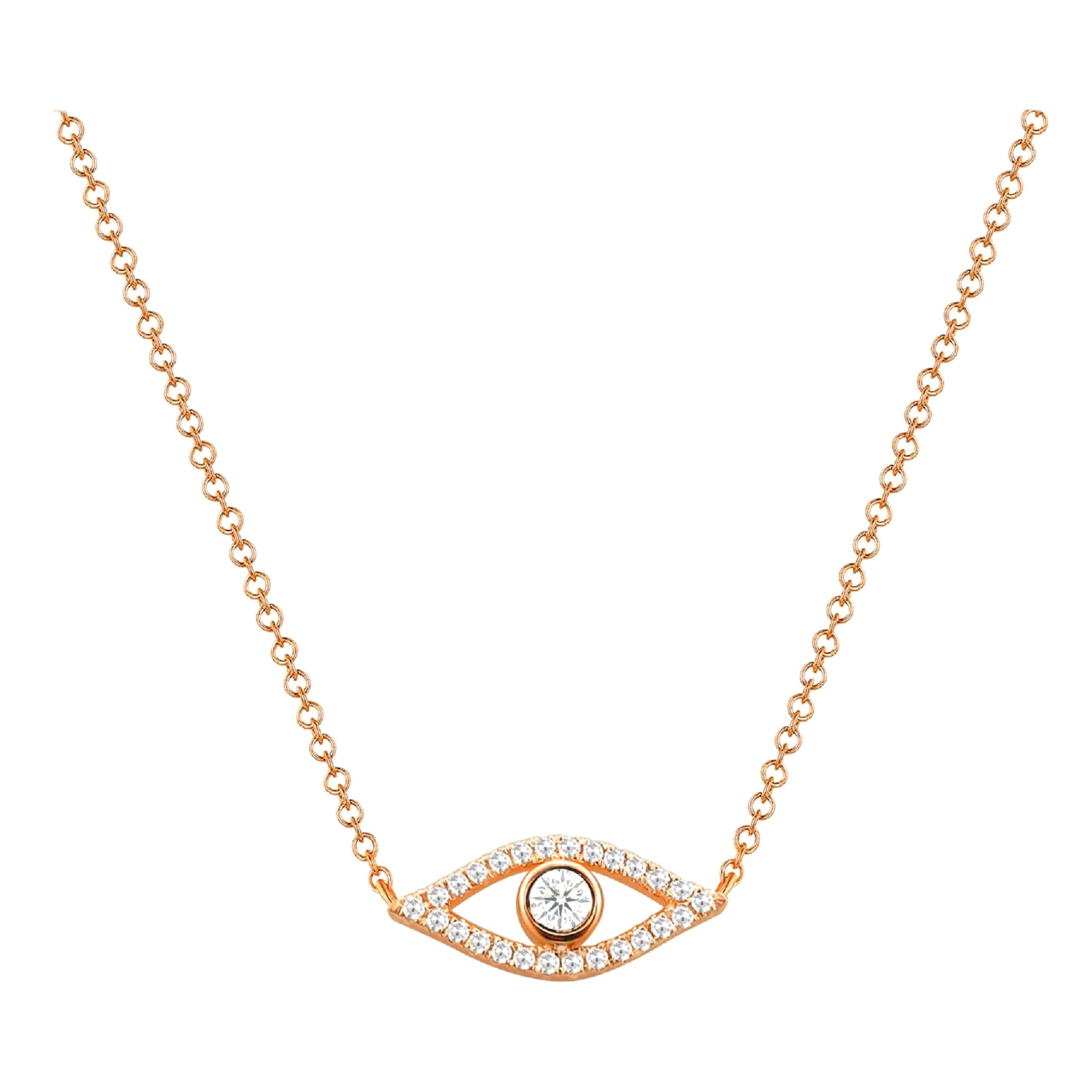 Collier Evil Eye en or rose 14 carats et diamants 0,15 carat en vente