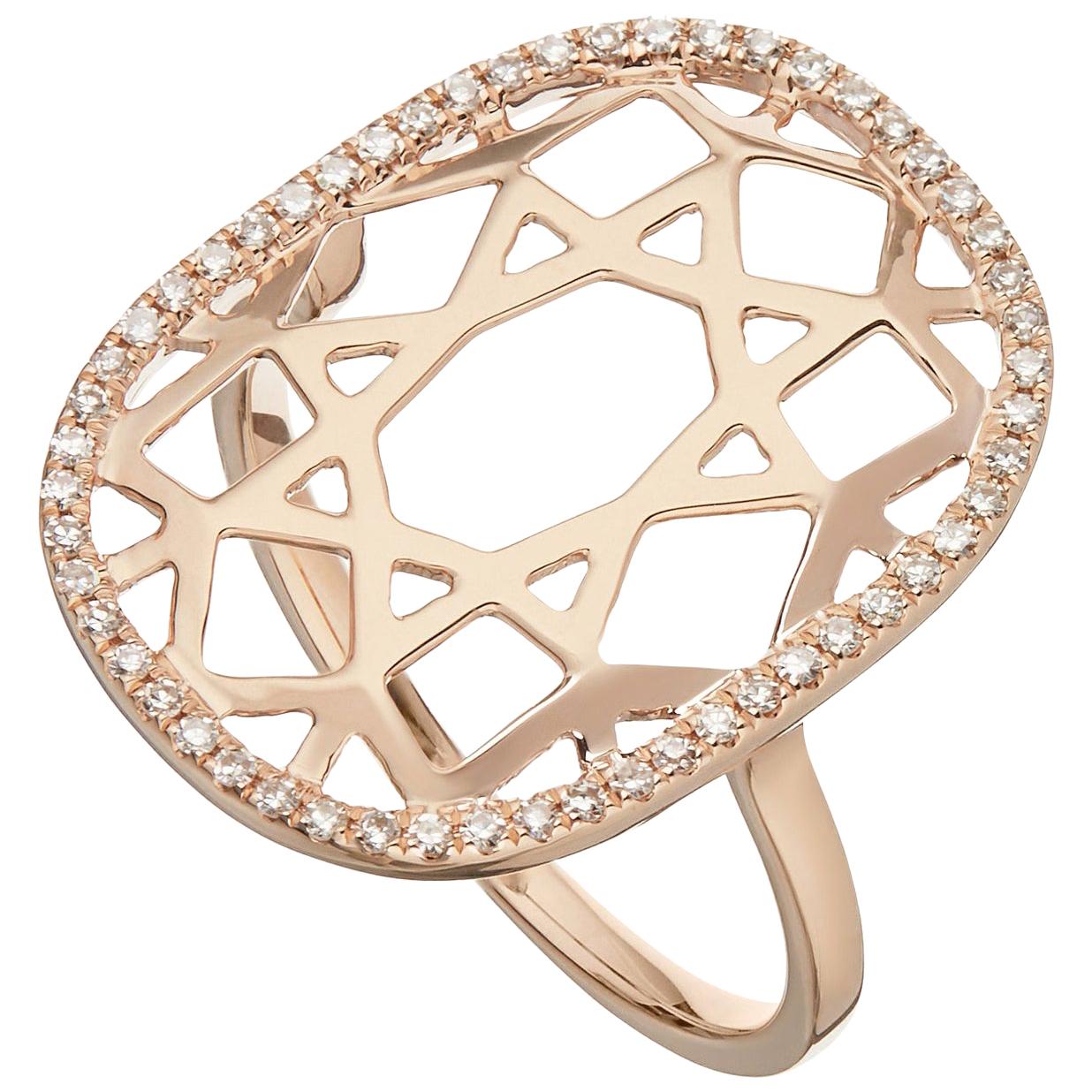 For Sale:  14 Karat Rose Gold 0.16 Carat Round Diamond 1920s Inspired Plaque Ring