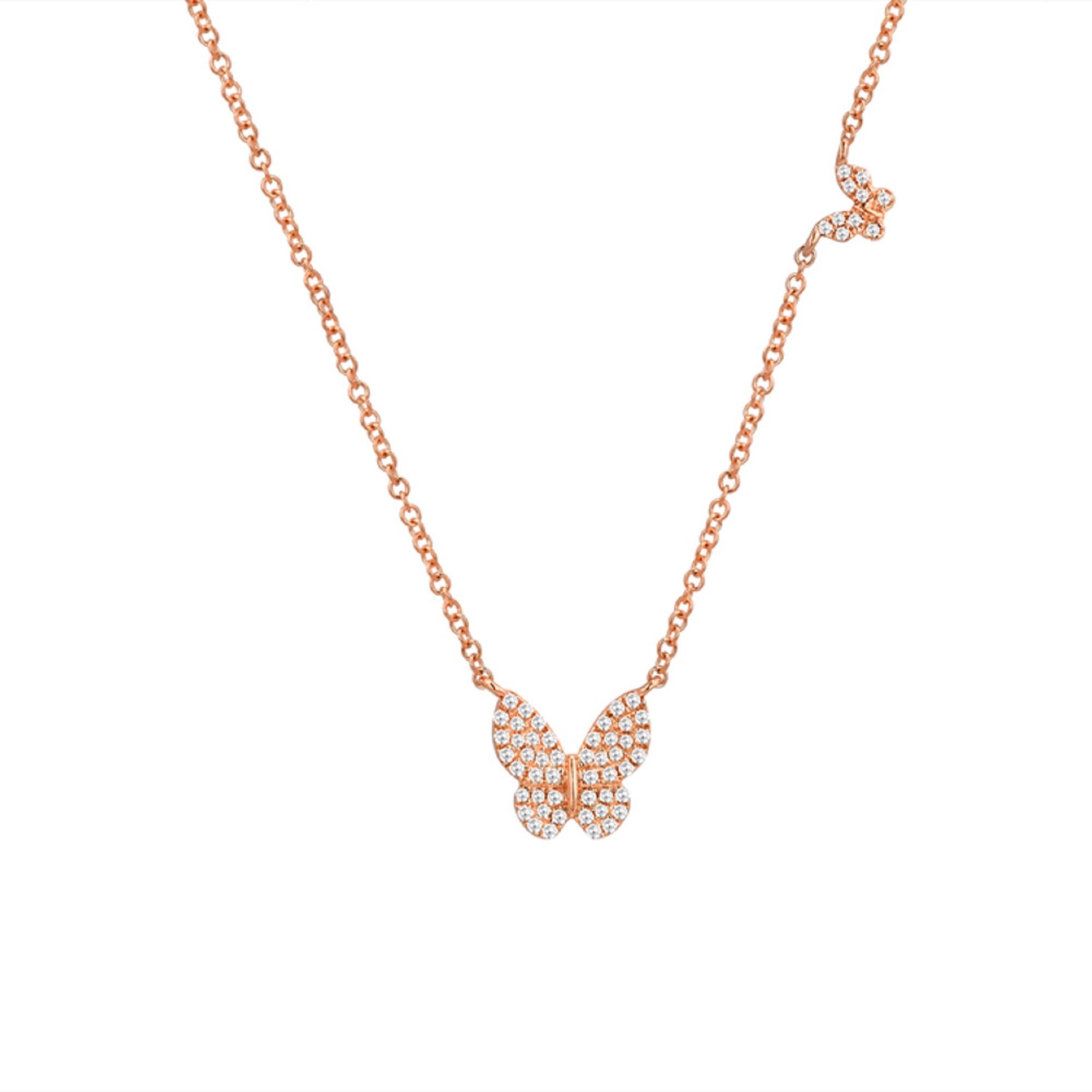 This Beautiful 2 Butterfly Diamond Necklace is perfect for your Summer wardrobe! Crafted of 14K Rose Gold featuring 0.19 ct. of Round White Diamonds on an adjustable 16