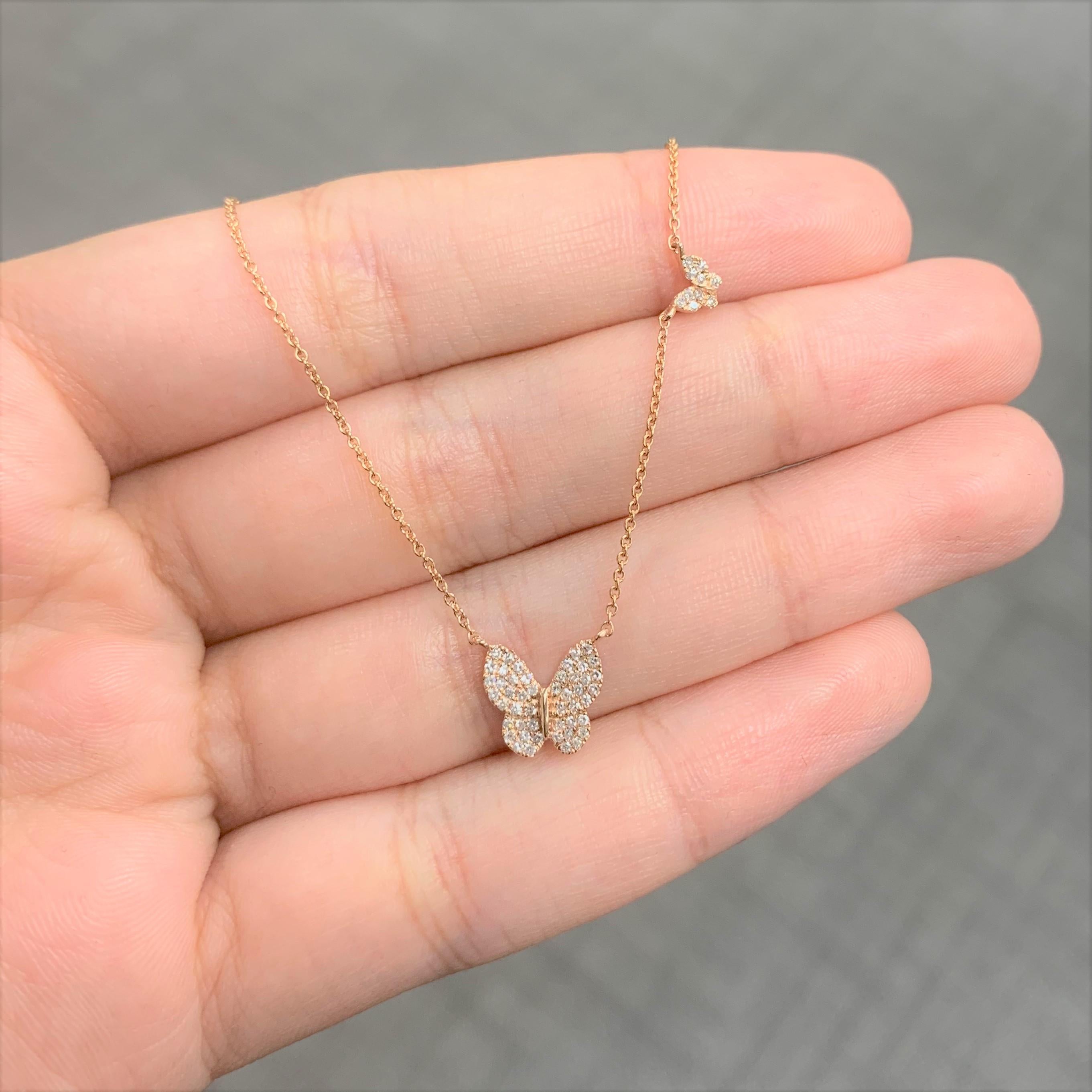 Round Cut 14 Karat Rose Gold 0.19 Carat Diamonds Butterfly Necklace For Sale