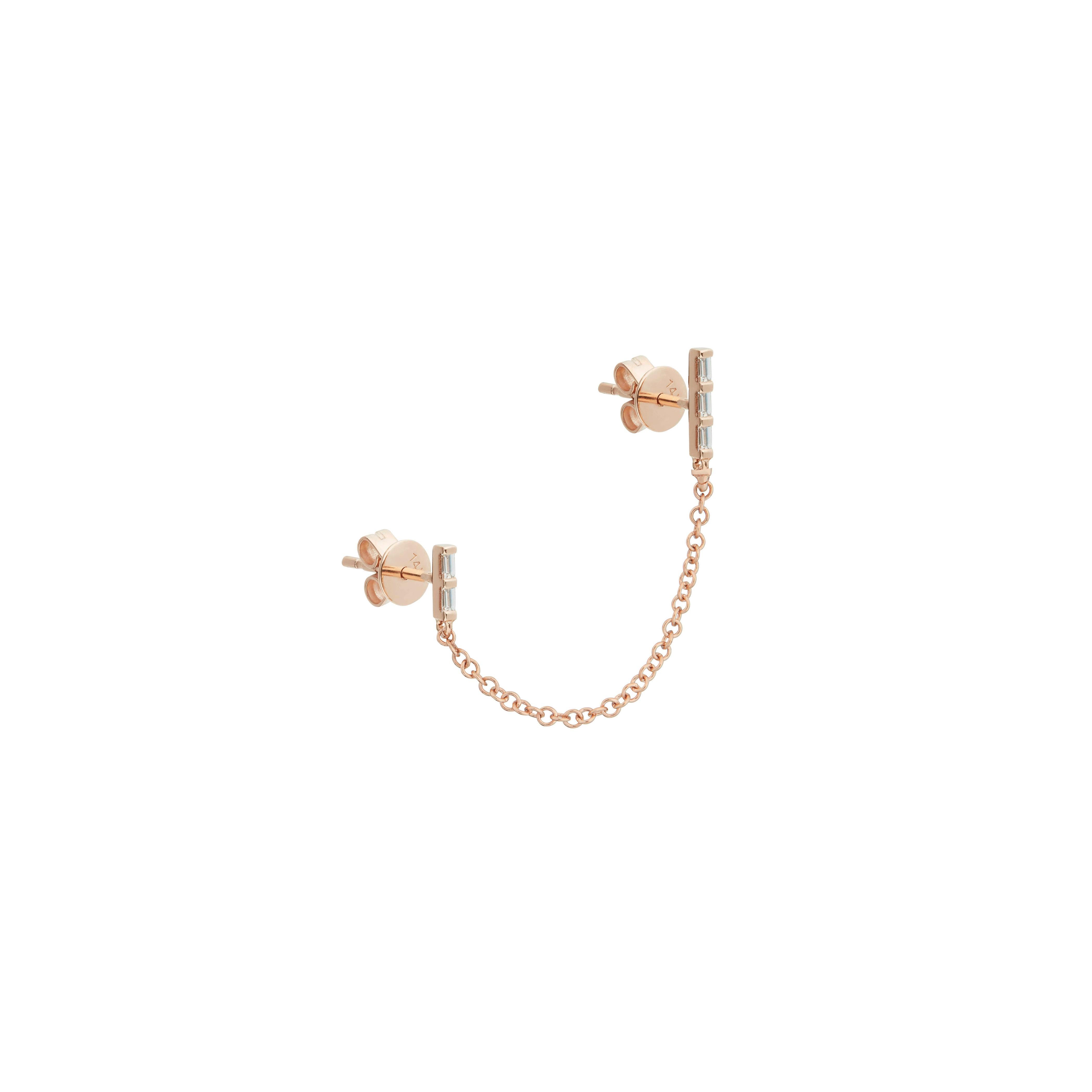 14 Karat Rose Gold 0.20 Carat Round Diamond Double Baguette Stud Earring In New Condition For Sale In London, GB