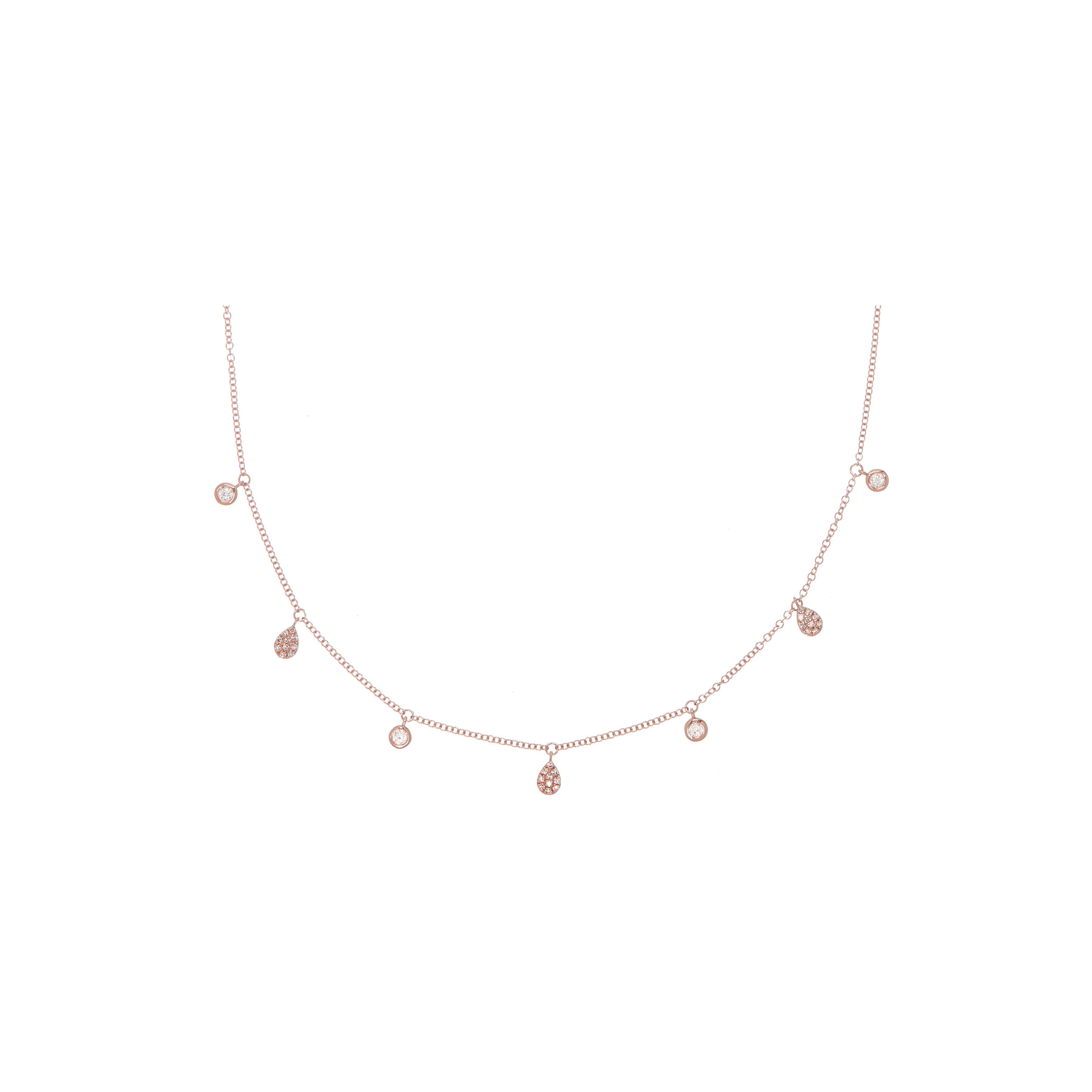 This Round Diamond and Pear-shape Pave Drop Chain Pendant is made in 14 karat Rose Gold, set with natural, colourless diamonds. With a total diamond carat weight (approximate) of 0.217 carat, The Diamonds are H colour, Si clarity. This pendant is