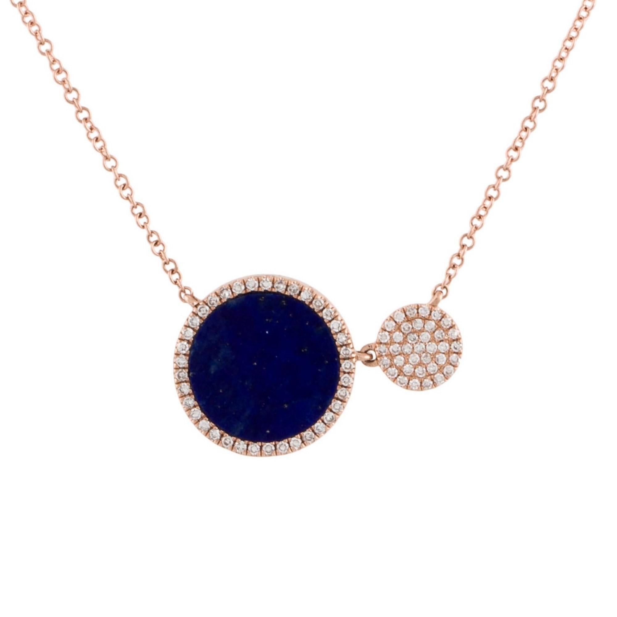 This Beautiful and Vibrant Flower Necklace is crafted of 14K Rose Gold featuring approximately 0.22 ct. of round Natural Diamonds and a Gorgeous Lapis 1.68 ct. Circle cut stone. Chain is Adjustable to 16, 17 & 18