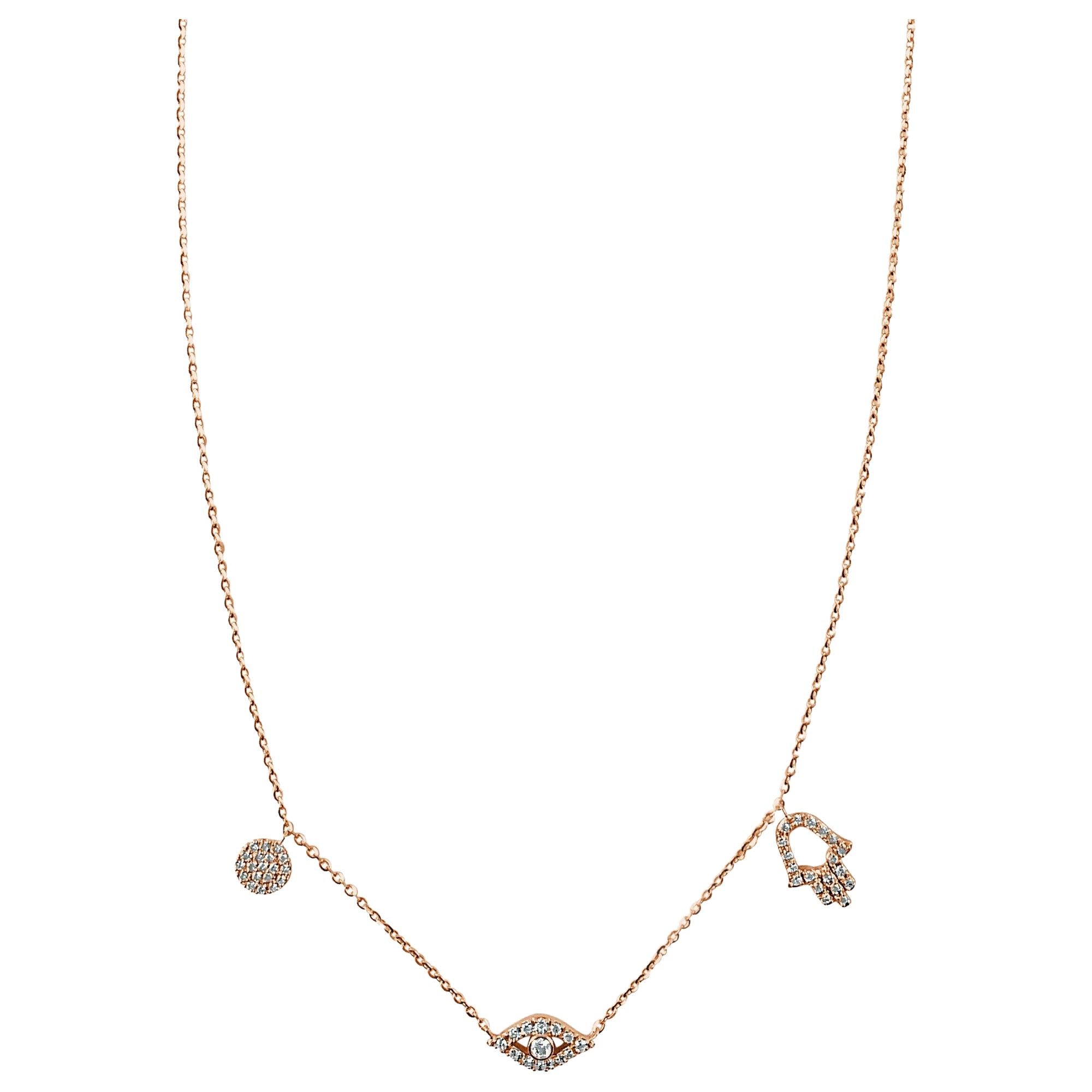 Collana in oro rosa 14 carati con diamante da 0,23 carati, malocchio e hamsa