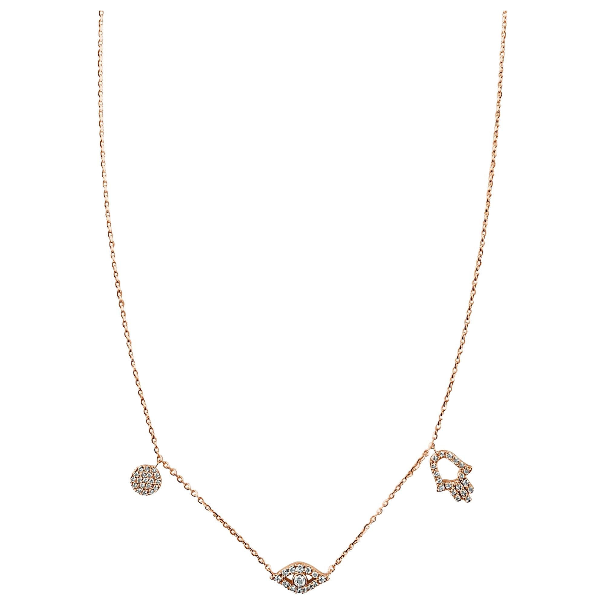 14 Karat Rose Gold 0.23 Carat Diamond Evil Eye and Hamsa Necklace For Sale