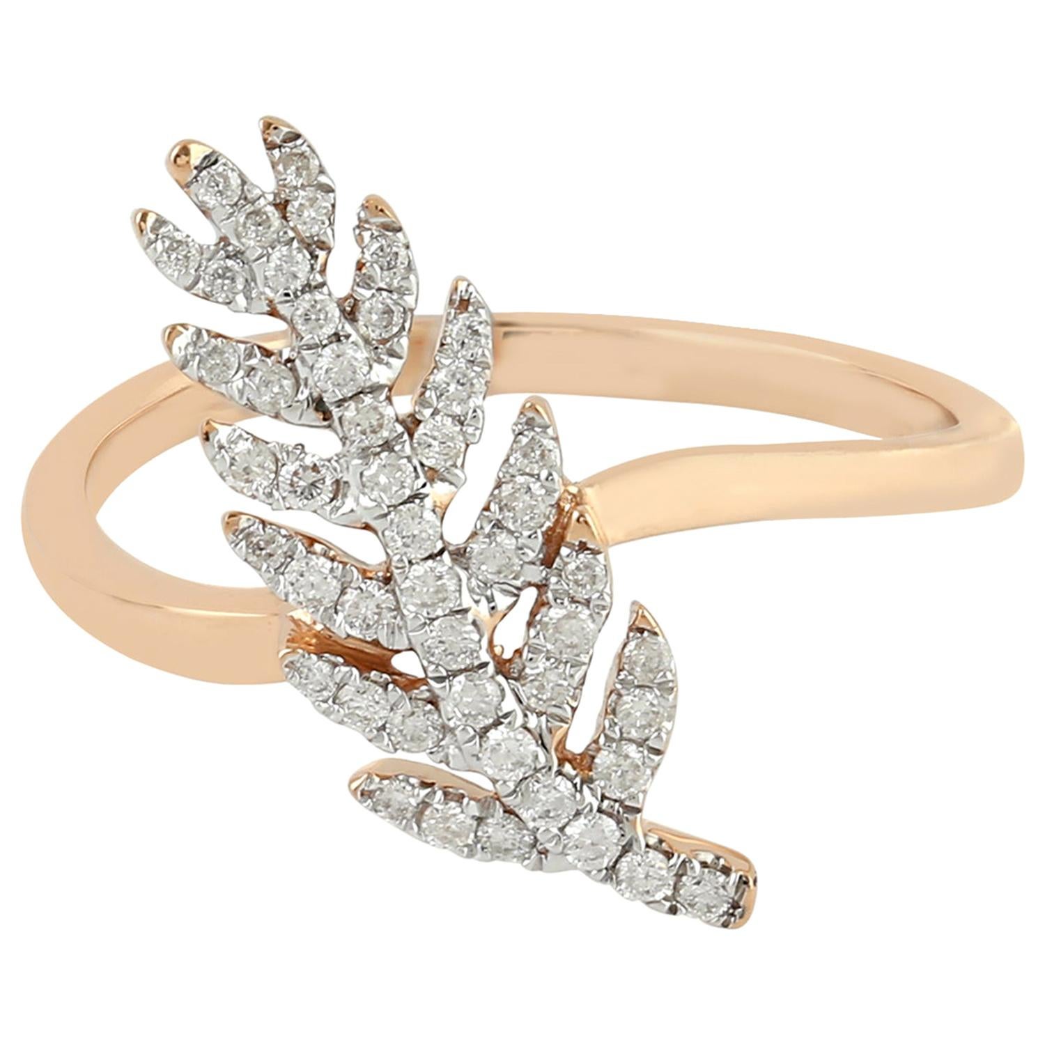 14 Karat Rose Gold 0.23 Carat Diamond Pave Ring Leaf Design Jewelry