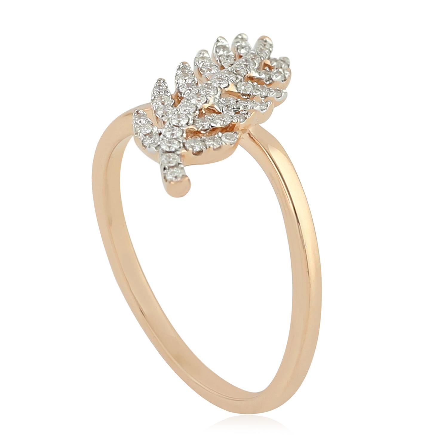 Modern 14 Karat Rose Gold 0.23 Carat Diamond Pave Ring Leaf Design Jewelry