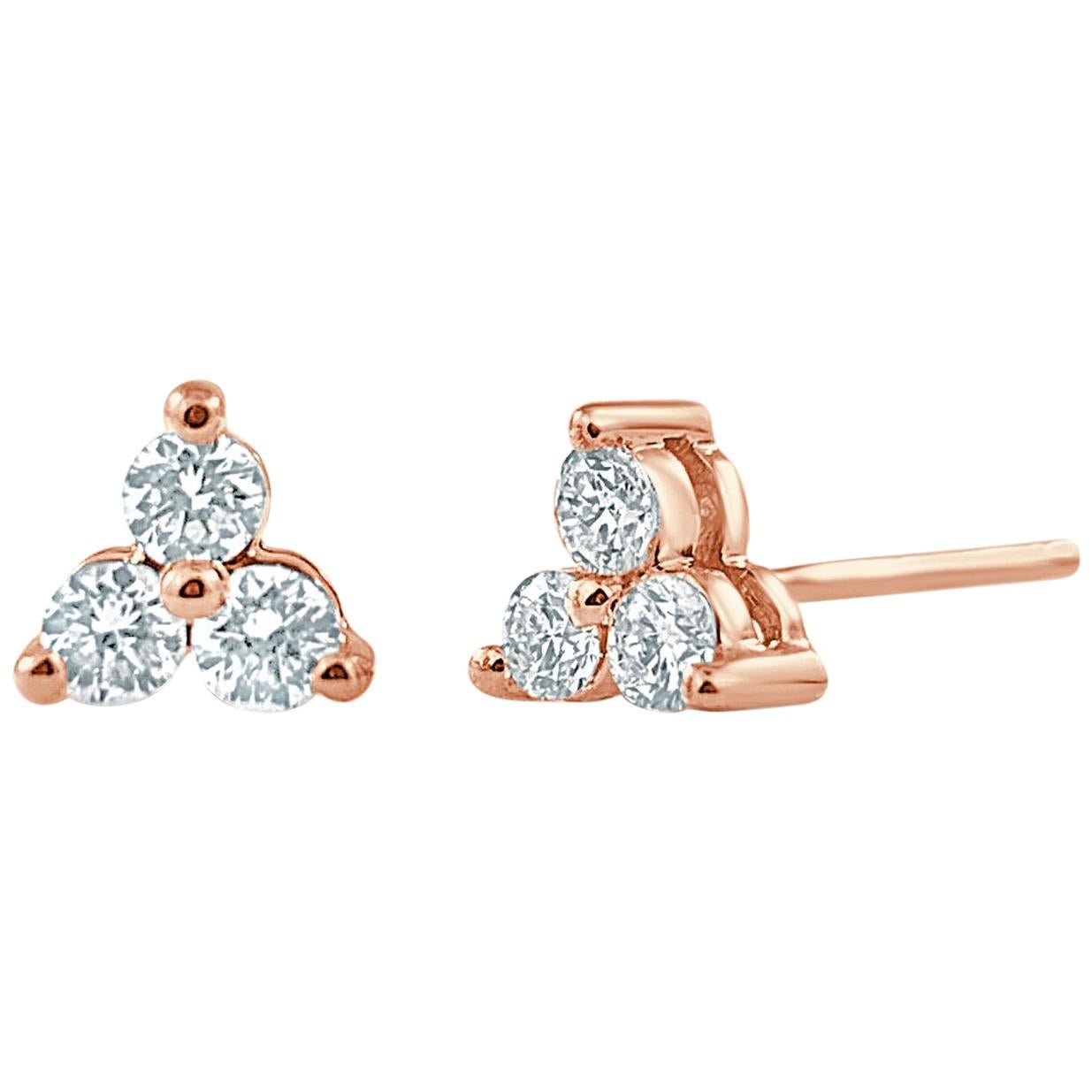 14 Karat Rose Gold 0.24 Carat Diamond 3-Stone Stud Earrings For Sale