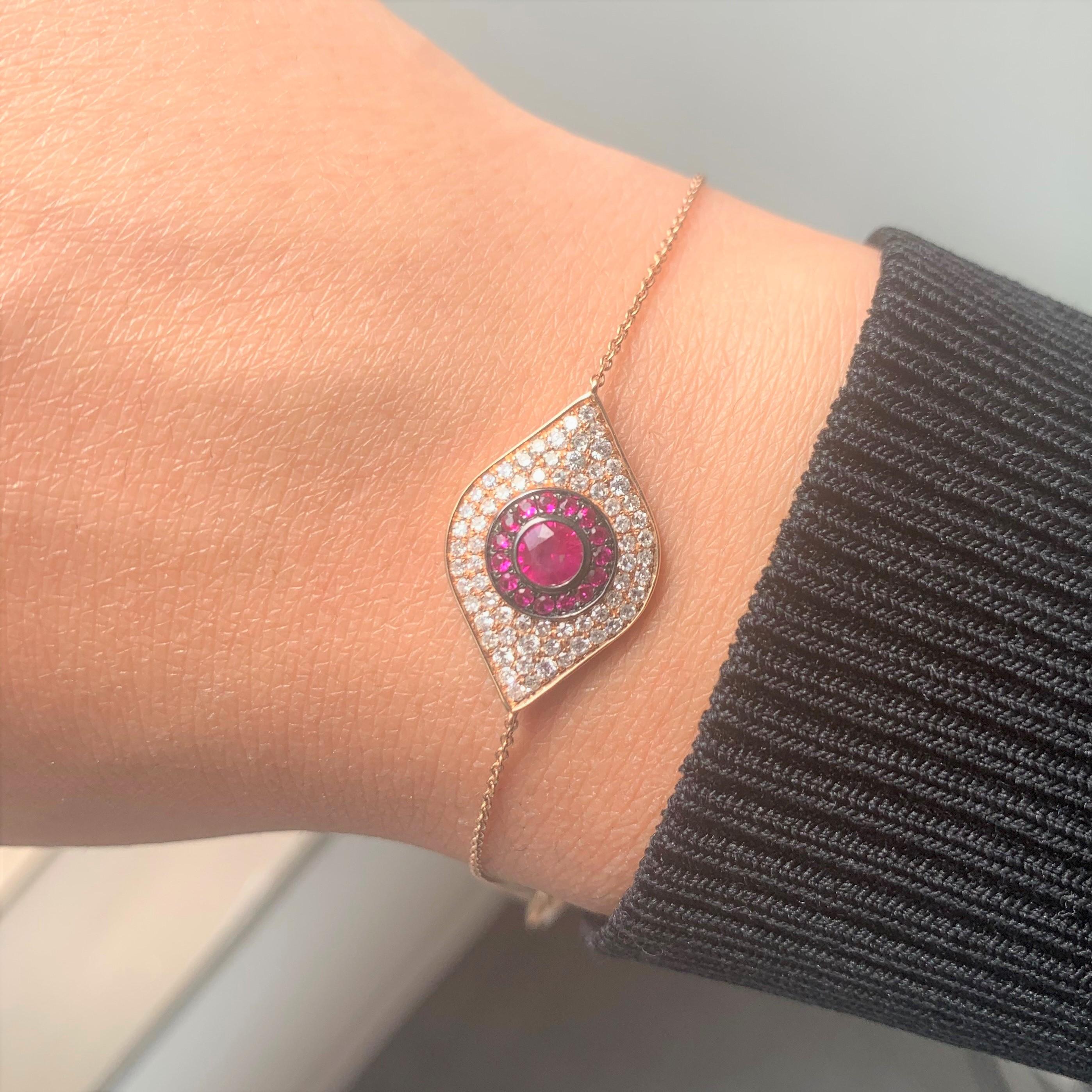 14 Karat Rose Gold 0.37 Carat Diamond and Ruby Evil Eye Bracelet In New Condition For Sale In Great neck, NY