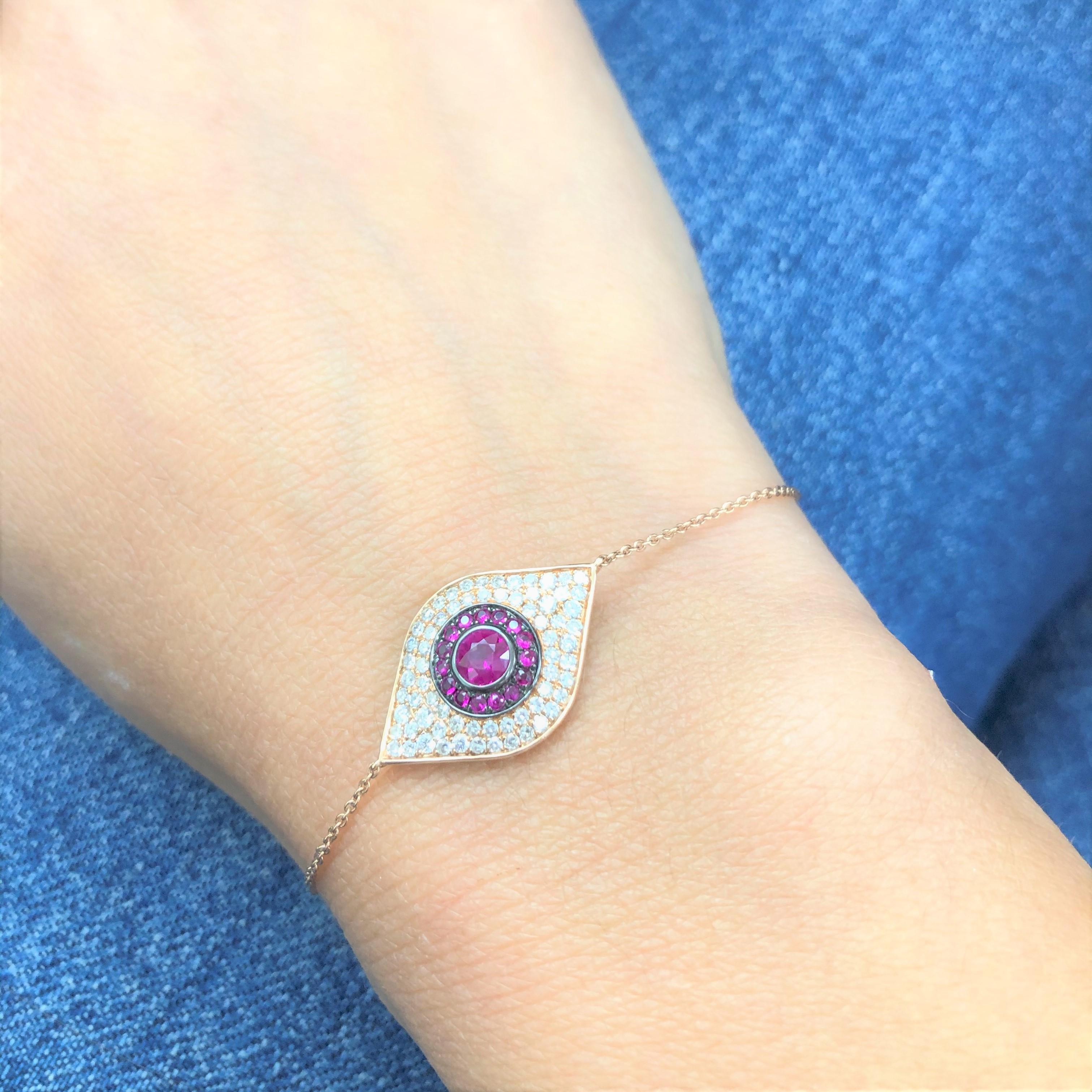 Women's 14 Karat Rose Gold 0.37 Carat Diamond and Ruby Evil Eye Bracelet For Sale