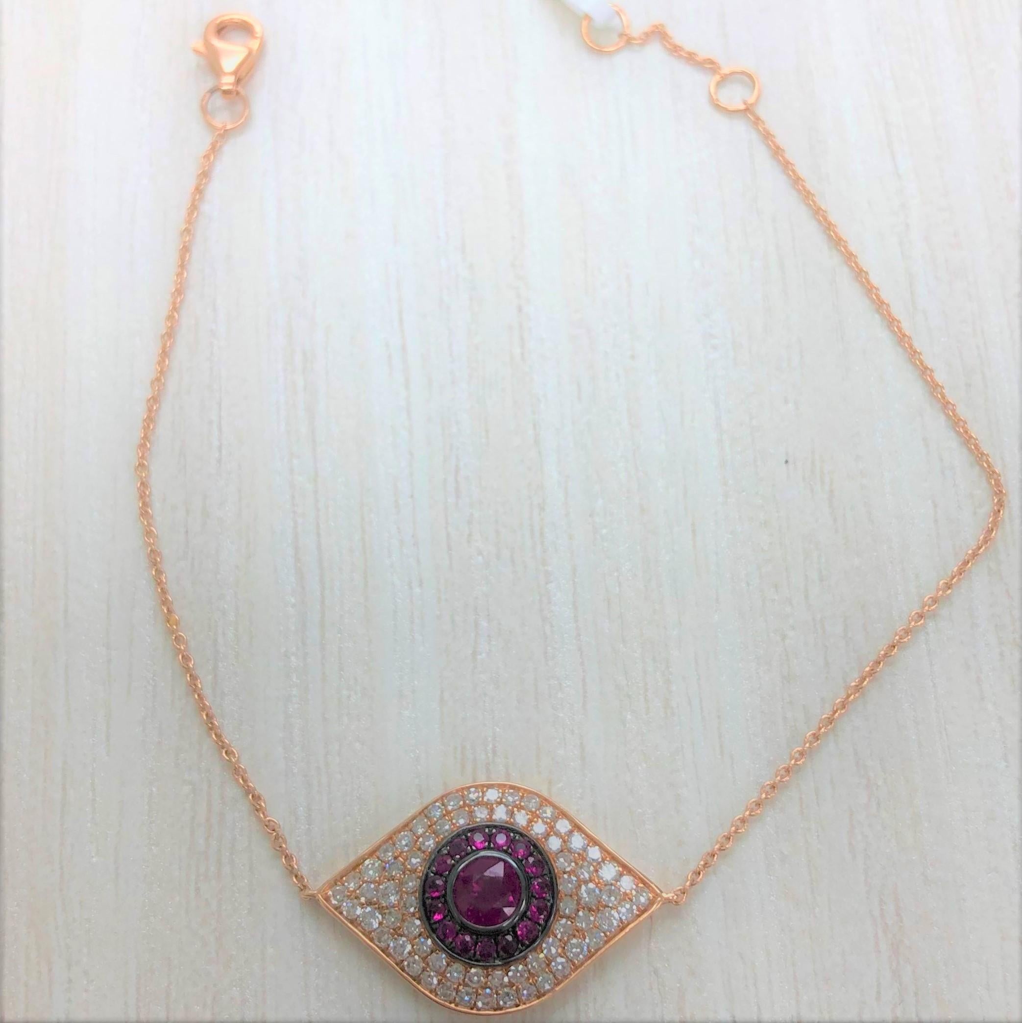 14 Karat Rose Gold 0.37 Carat Diamond and Ruby Evil Eye Bracelet For Sale 1