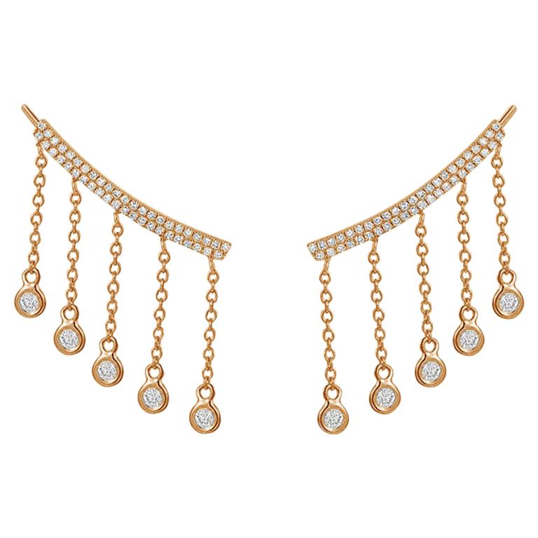 14 Karat Rose Gold 0.38 Carat Round Diamond Drop Climbing Earrings For Sale