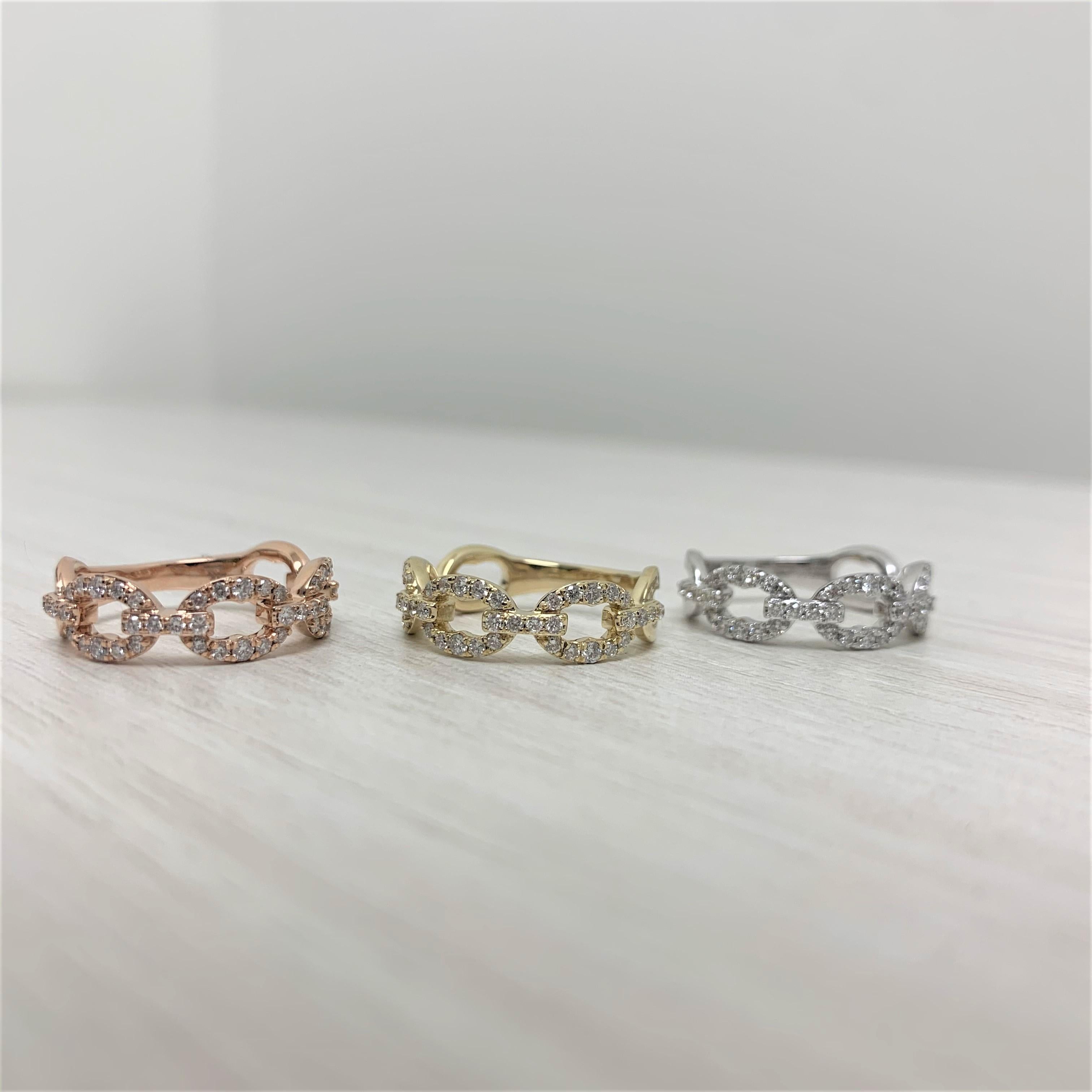 Crafted of 14K gold this Beautiful Diamond Link Band Features 46 Round Natural Diamonds weighing approximately 0.47 ct Color & Clarity GH-SI. Ring are available in White, Yellow & Rose gold. Ring can be sized 1 size up or down by your local fine