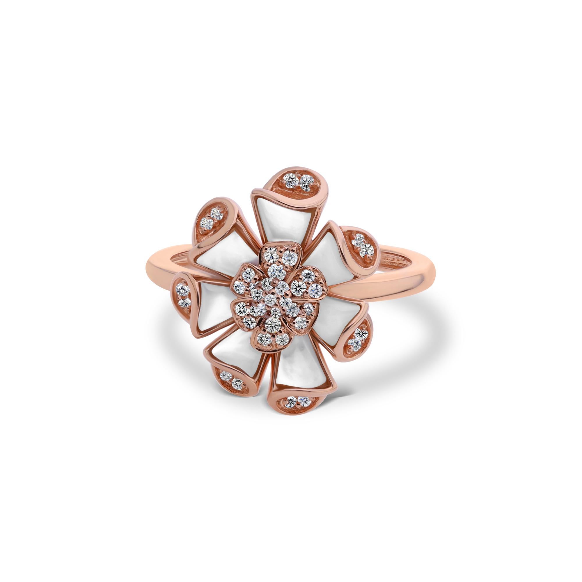 En vente :  Bague cocktail florale en or rose 14 carats 0,82 TCW Diamond Mother Of Pearl 8