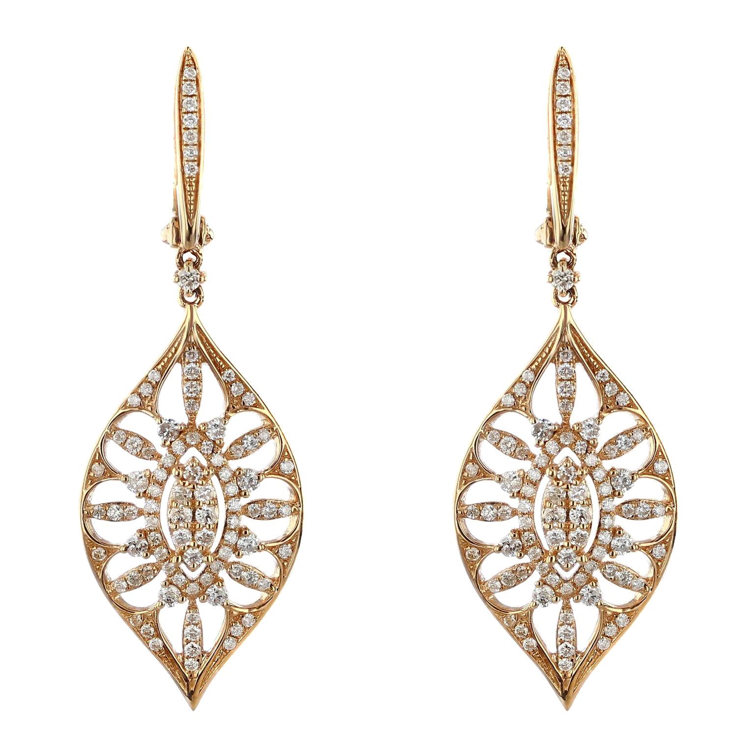 14 Karat Rose Gold 1.09 Carat Diamond Earrings For Sale