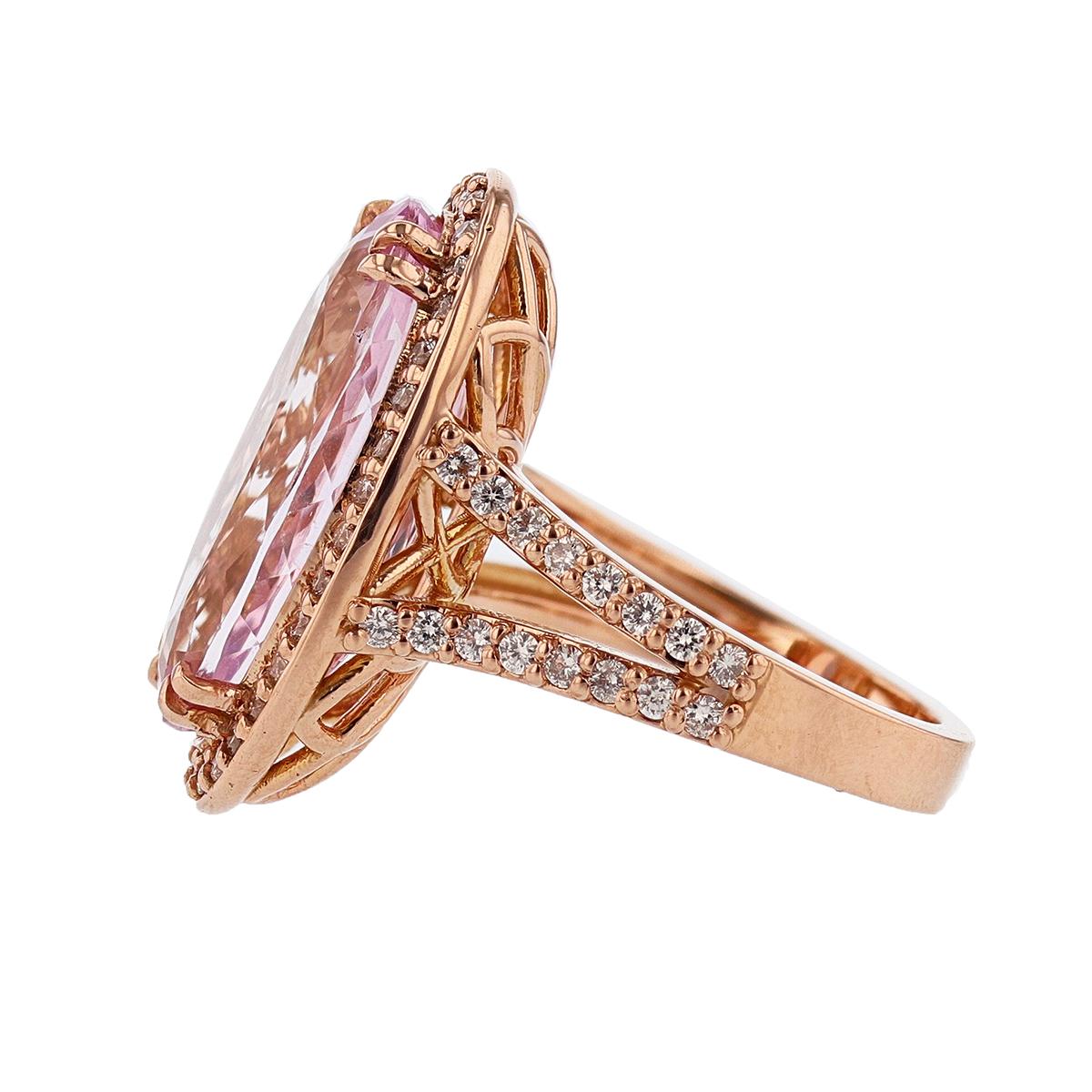 Contemporary 14 Karat Rose Gold 11.94 Carat Kunzite Diamond Ring For Sale