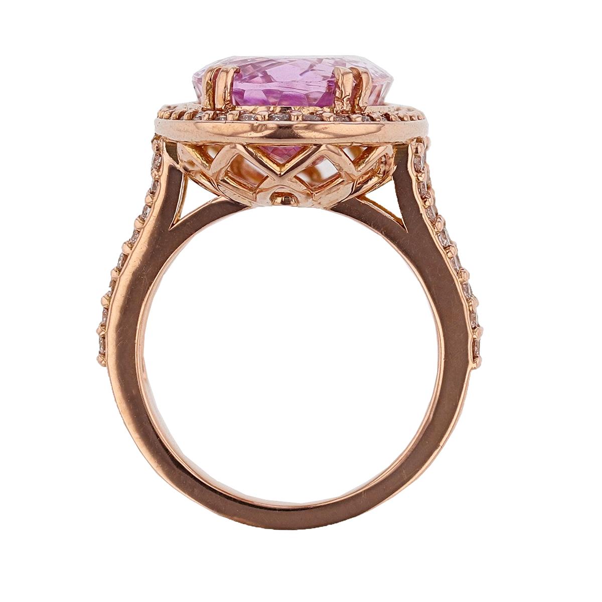 Oval Cut 14 Karat Rose Gold 11.94 Carat Kunzite Diamond Ring For Sale