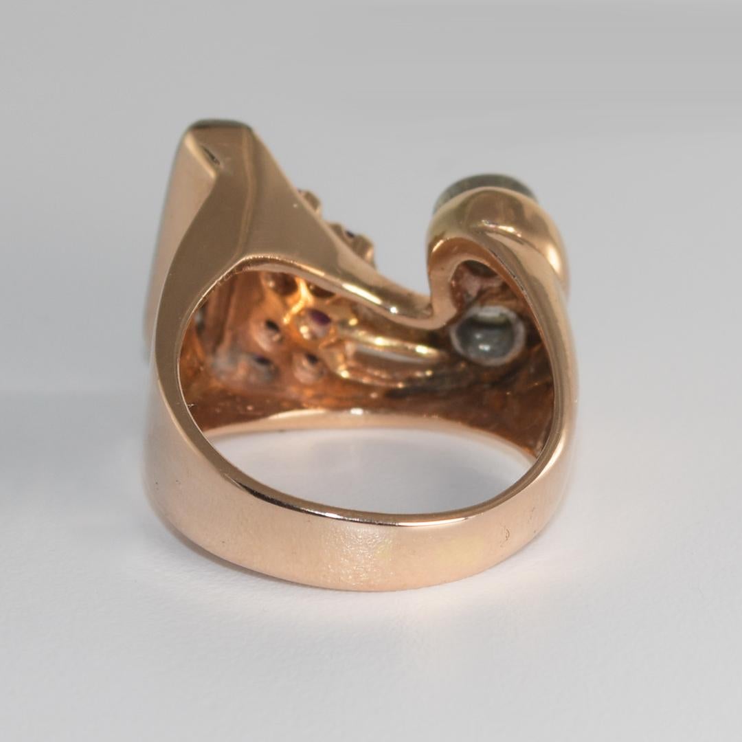 Taglio antico europeo Anello retrò in oro rosa 14 carati da 1,25 carati con diamante e rubino in vendita