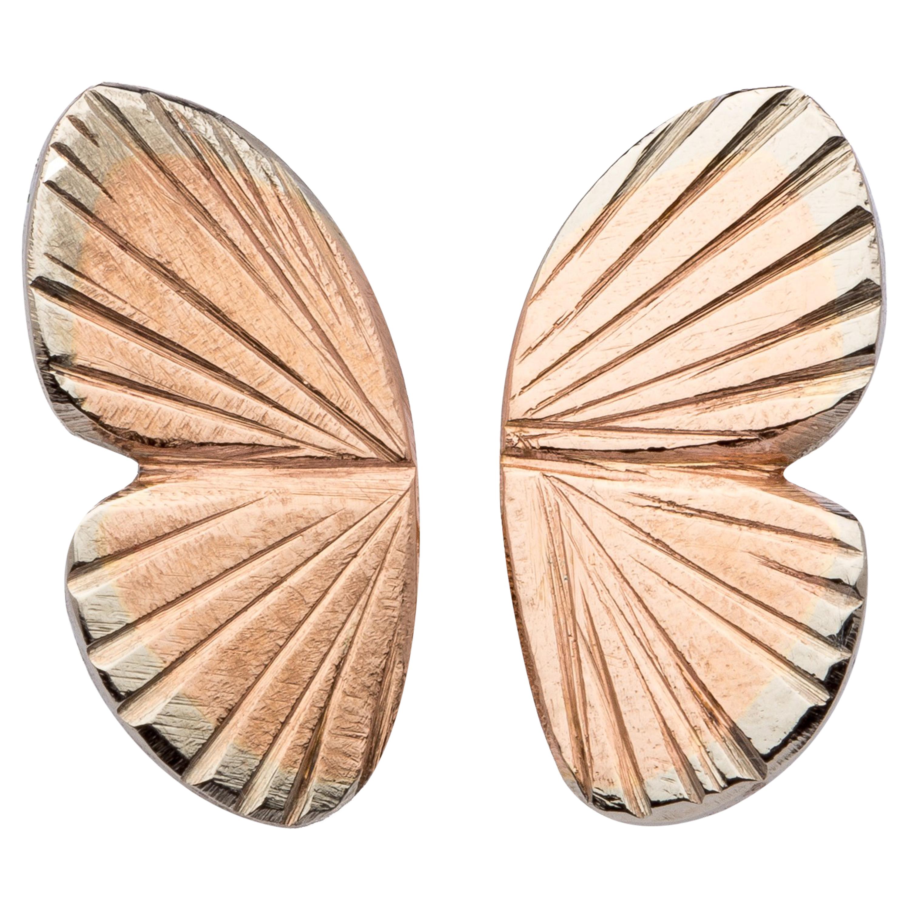 14 Karat Rose Gold 18 Karat Inlay Baby Asterope Butterfly Wing Earrings  For Sale